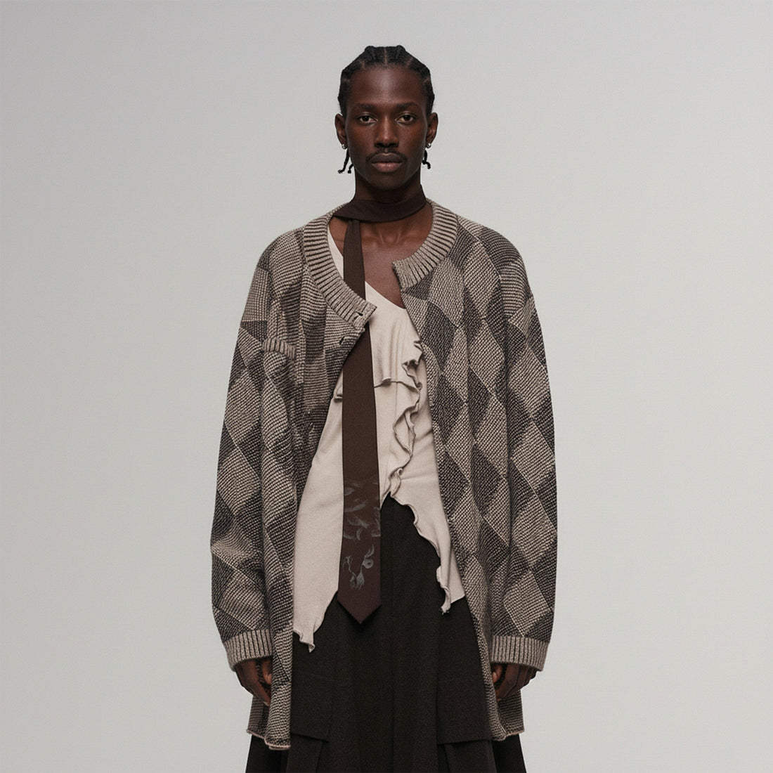 ILNya Nieternite Nifutur Wool-Blend Argyle Jacquard Cardigan Brown-Jacket-S (0)(Preorder)-Free Shipping Leatheretro