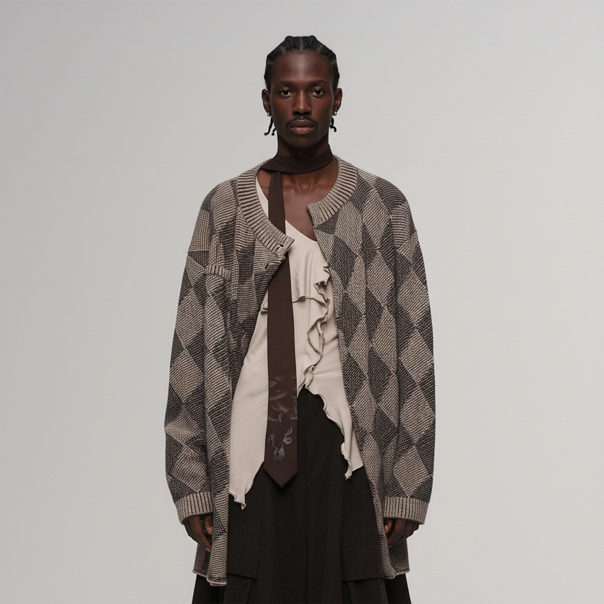 ILNya Nieternite Nifutur Wool-Blend Argyle Jacquard Cardigan Brown-Jacket-S (0)(Preorder)-Free Shipping Leatheretro