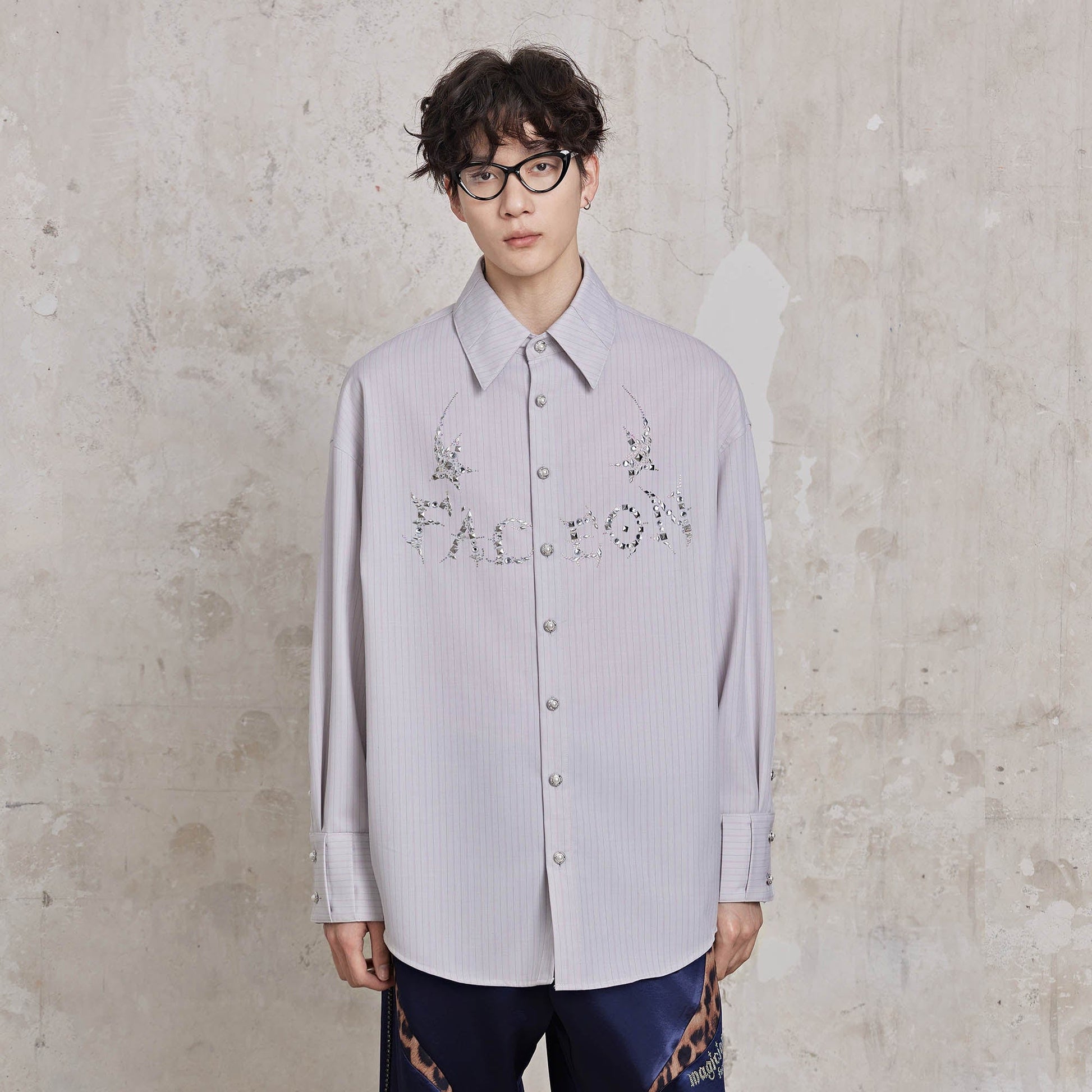 FACEONLAB Pinstriped Rivet Diamond Shirt-Shirt-M-White-Free Shipping Leatheretro