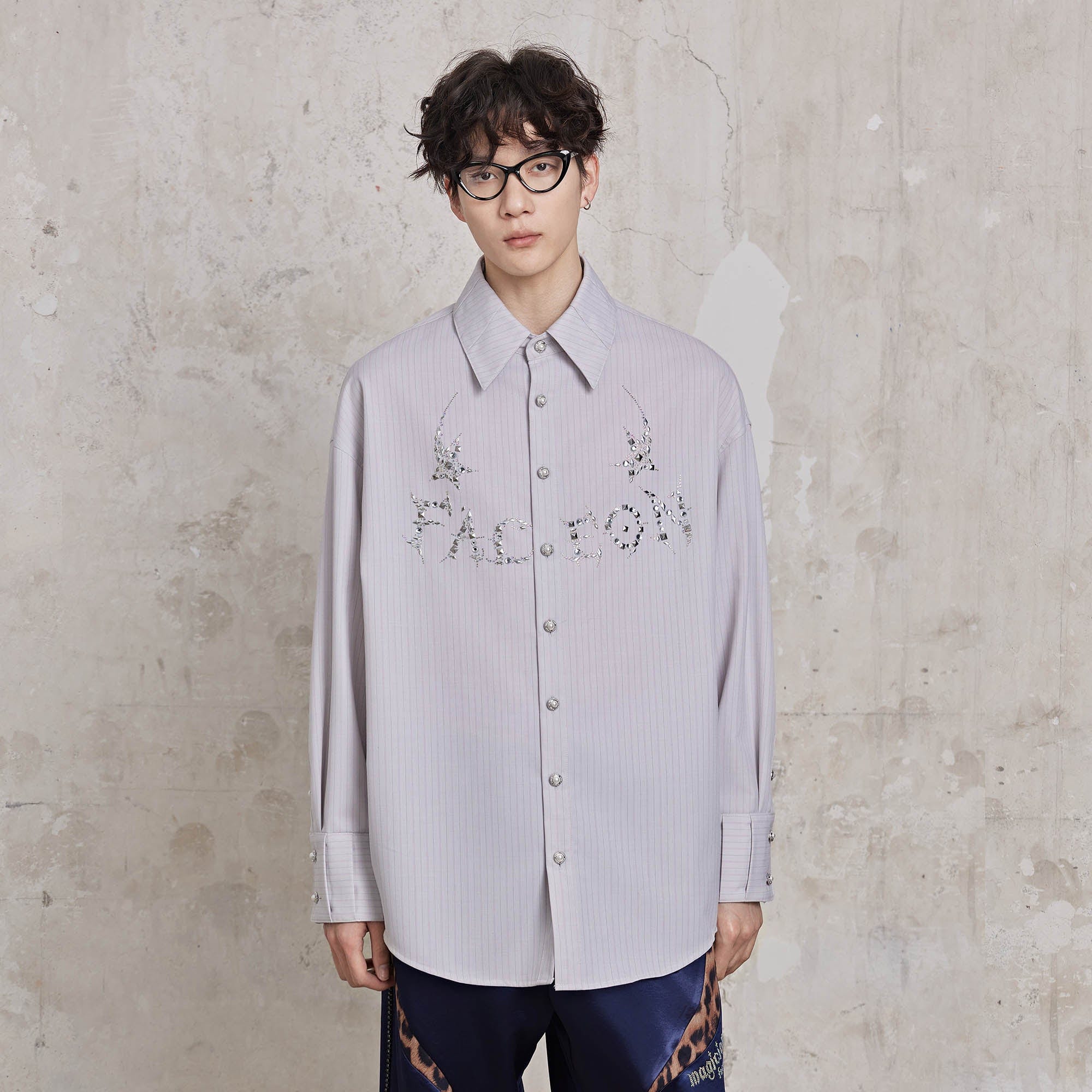 FACEONLAB Pinstriped Rivet Diamond Shirt-Shirt-M-White-Free Shipping Leatheretro
