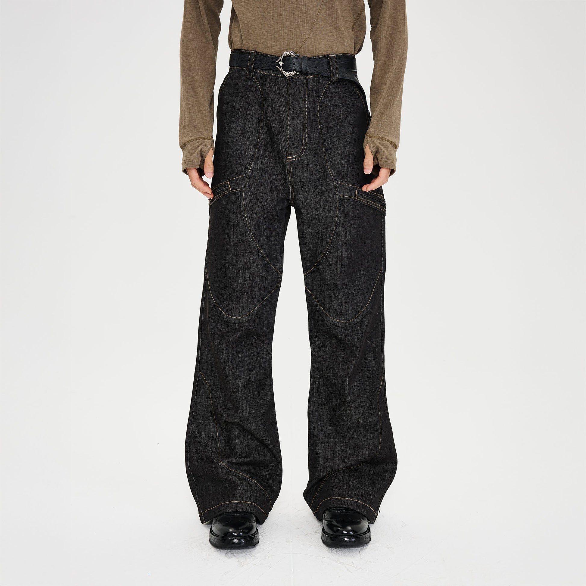 CATSSTAC Retro Curved Seam Panel Raw Jeans-Jeans-M-Free Shipping Leatheretro