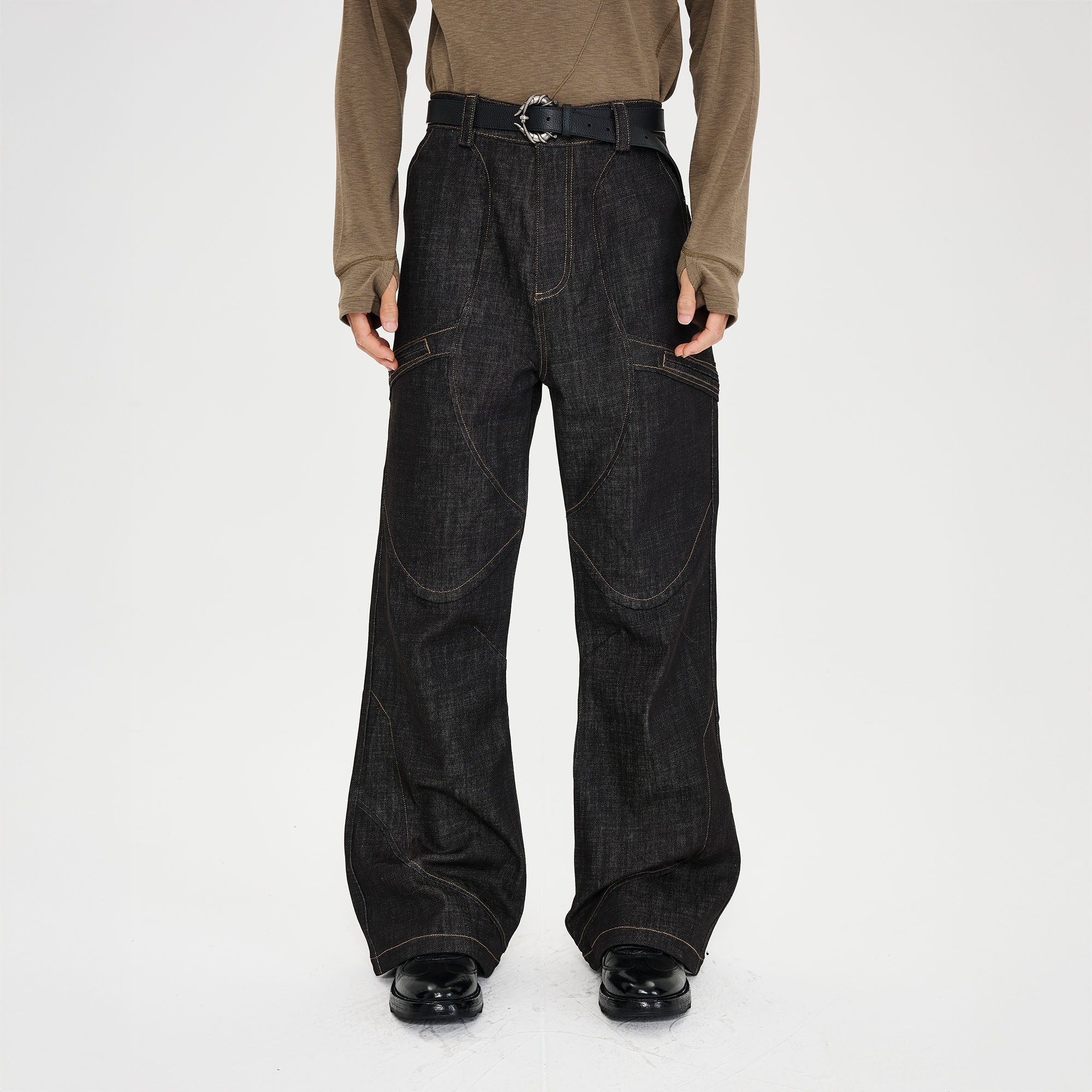 CATSSTAC Retro Curved Seam Panel Raw Jeans-Jeans-M-Free Shipping Leatheretro