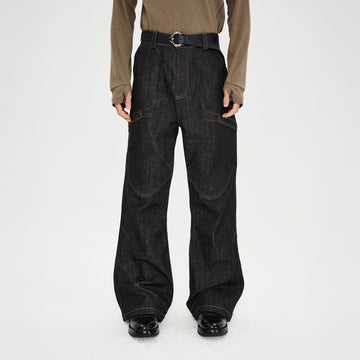 CATSSTAC Retro Curved Seam Panel Raw Jeans-Jeans-M-Free Shipping Leatheretro