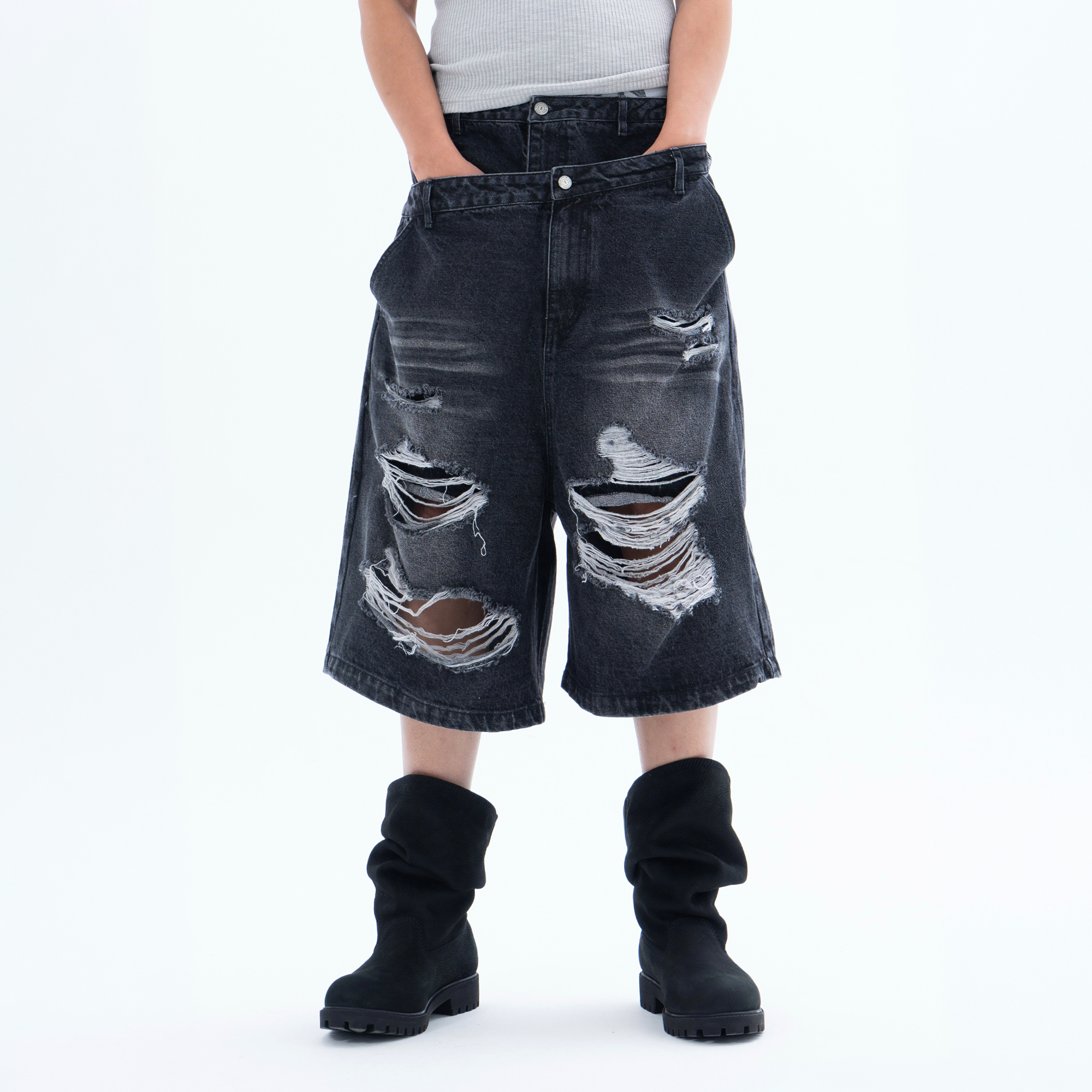 CLP Distressed Double-Waist Denim Shorts-Shorts-M / 31"-Black-Free Shipping Leatheretro