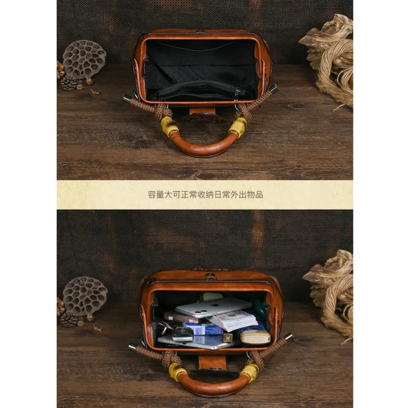 Women Leather Handmade Luxury Shoulder Handbag - Vintage Carved Ladies Bag-Black-Free Shipping Leatheretro
