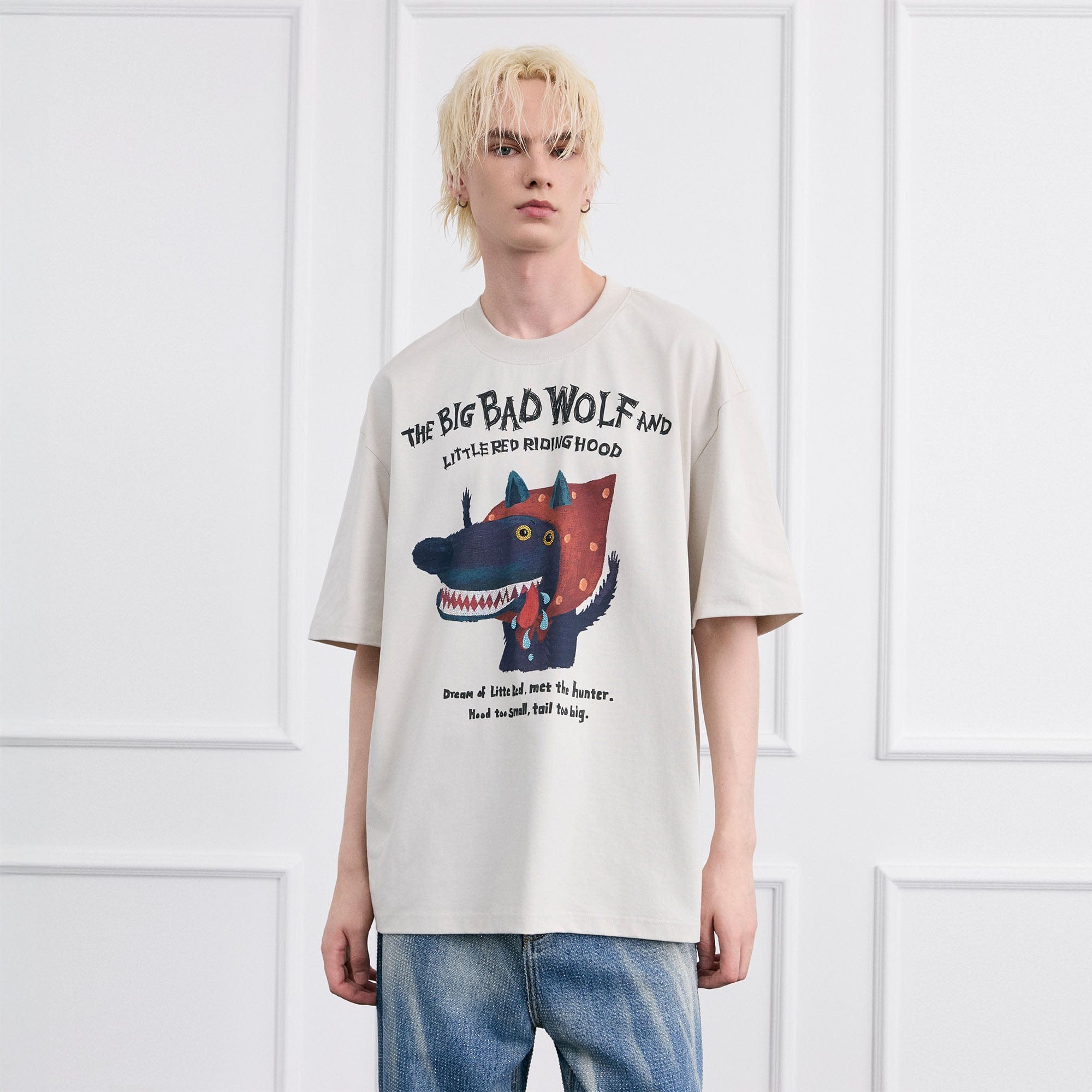 FACEONLAB Big Bad Wolf Oversized T-Shirt-T Shirt-White-M-Free Shipping Leatheretro