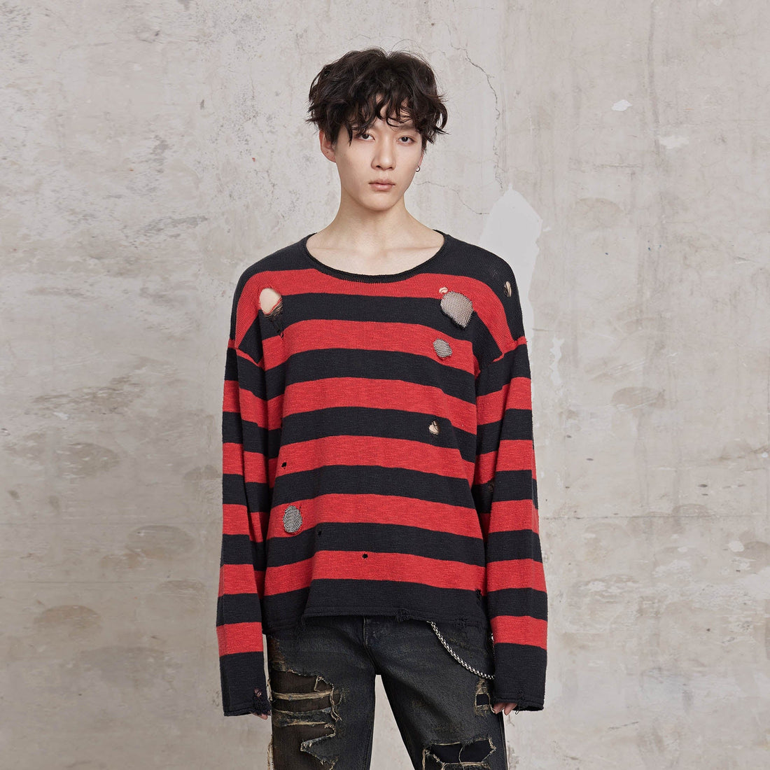 FACEONLAB Stripe Distressed Frayed Crewneck Sweater-Sweater-M-Red-Free Shipping Leatheretro