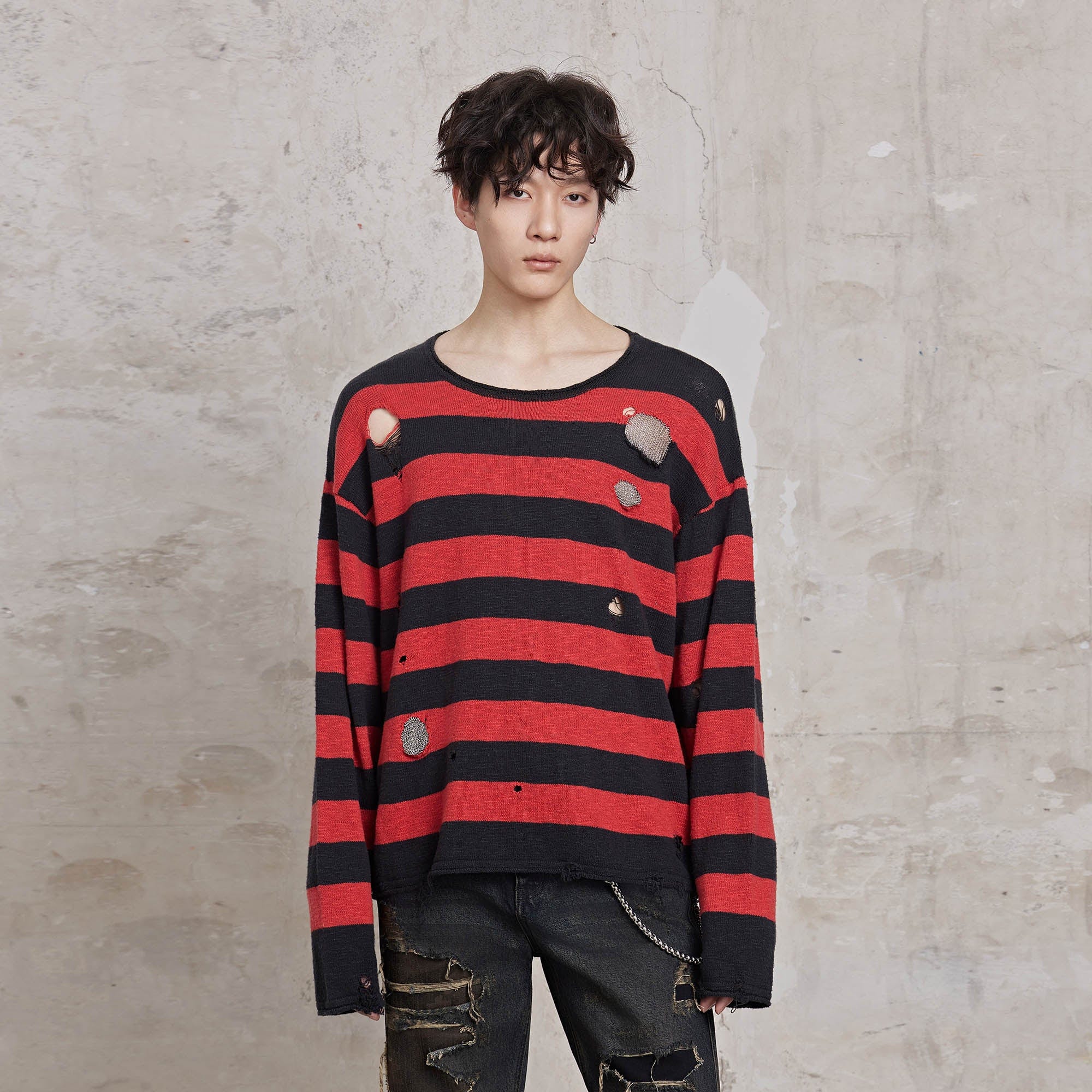 FACEONLAB Stripe Distressed Frayed Crewneck Sweater-Sweater-M-Red-Free Shipping Leatheretro