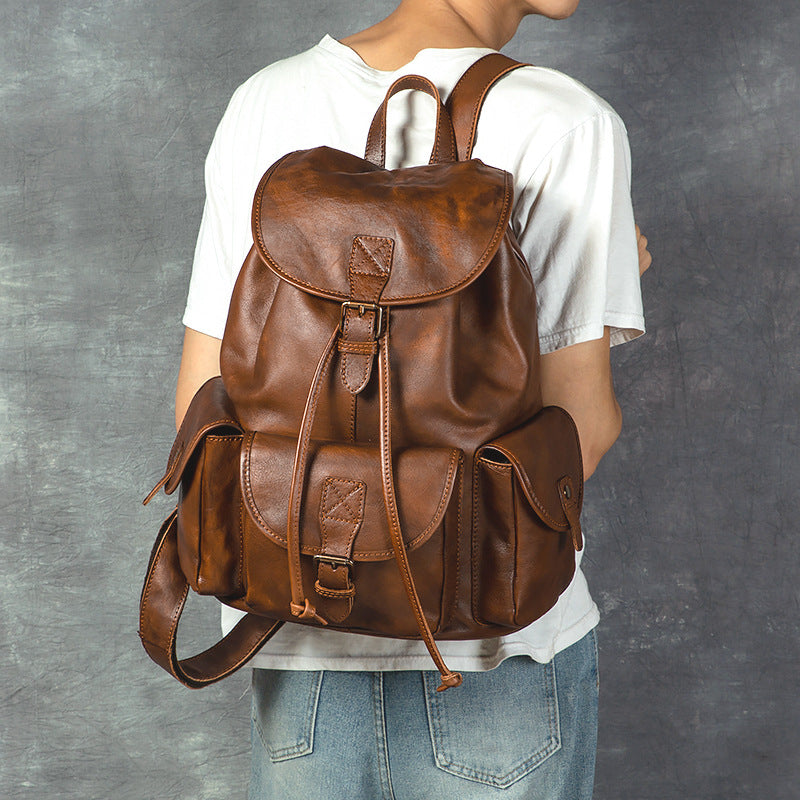 Geometric Pattern Genuine Leather Retro Backpack - Casual Soft Leather Hiking Bag-Backpacks-Black-Free Shipping Leatheretro