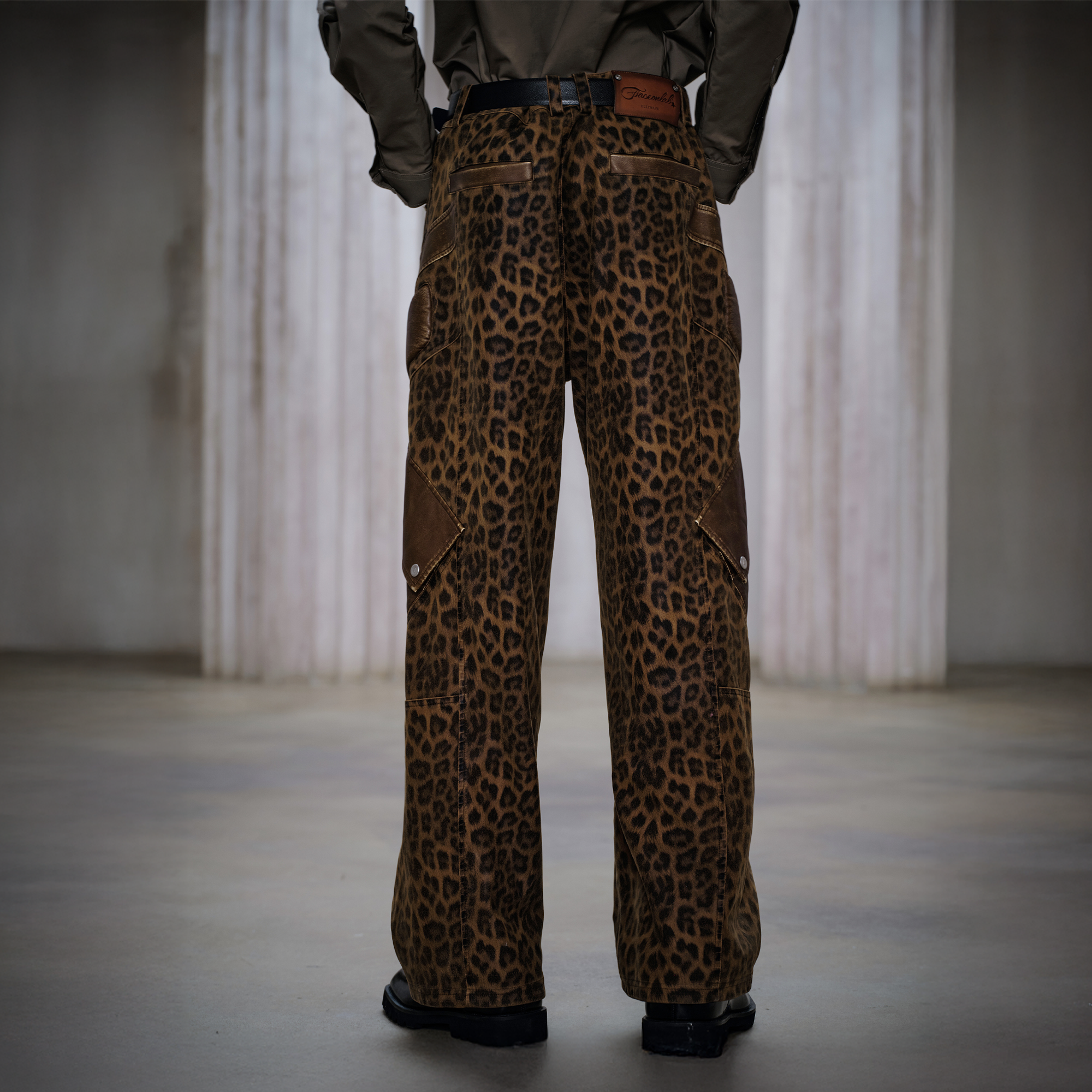 FACEONLAB Leopard Paneled Straight-Leg Pants-Pants-M (Preorder)-Free Shipping Leatheretro