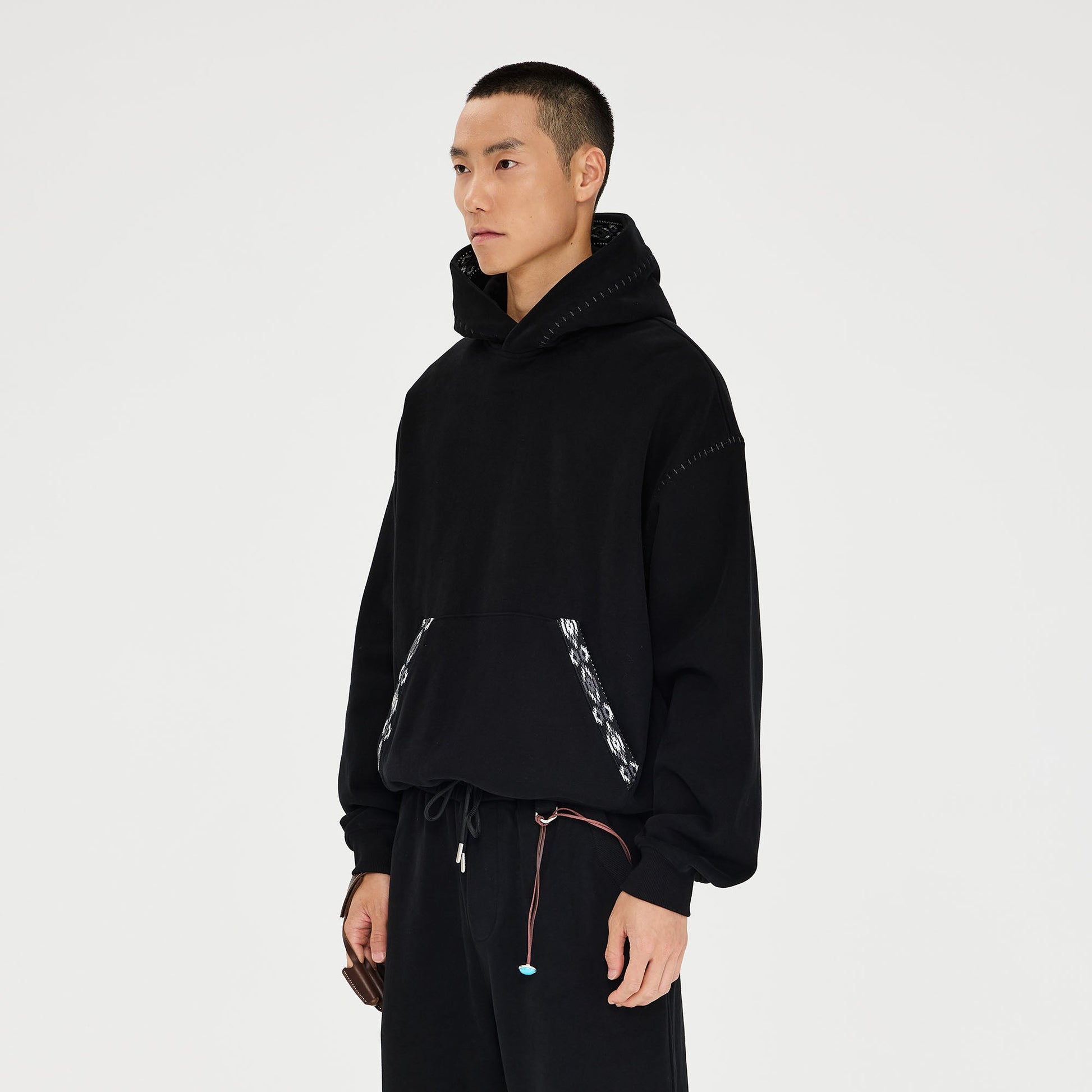 CATSSTAC Totem-Trimmed Kangaroo Pocket Hoodie-Hoodie-S-Gray-Free Shipping Leatheretro