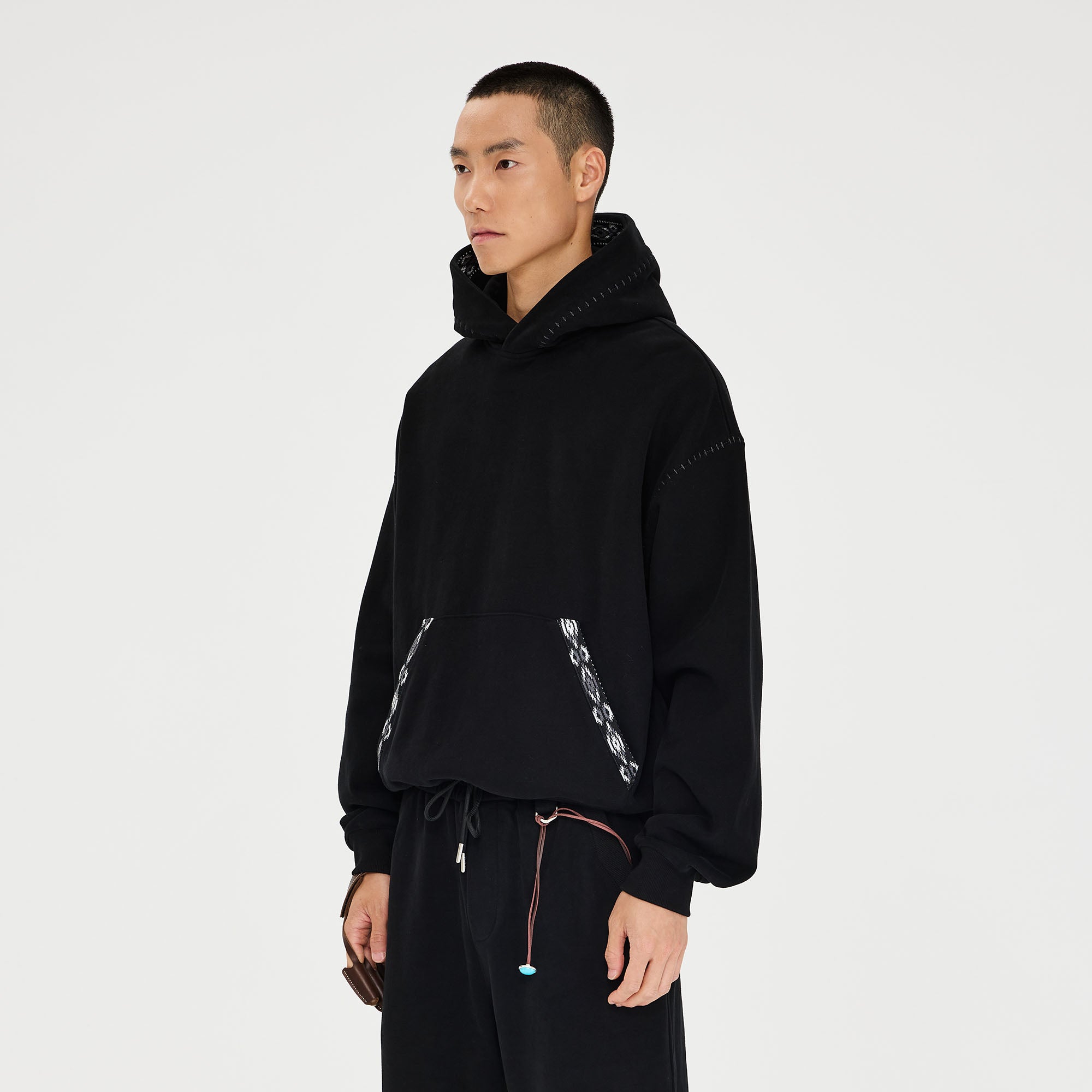 CATSSTAC Totem-Trimmed Kangaroo Pocket Hoodie-Hoodie-S-Gray-Free Shipping Leatheretro