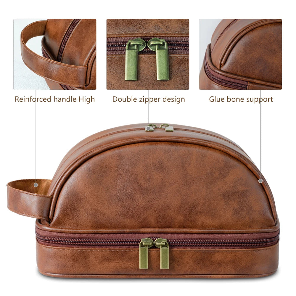 Men's Leather Waterproof Toiletry Bag - Large Capacity Storage Cosmetic Case-Travel Pouch-Red Brown-Free Shipping Leatheretro