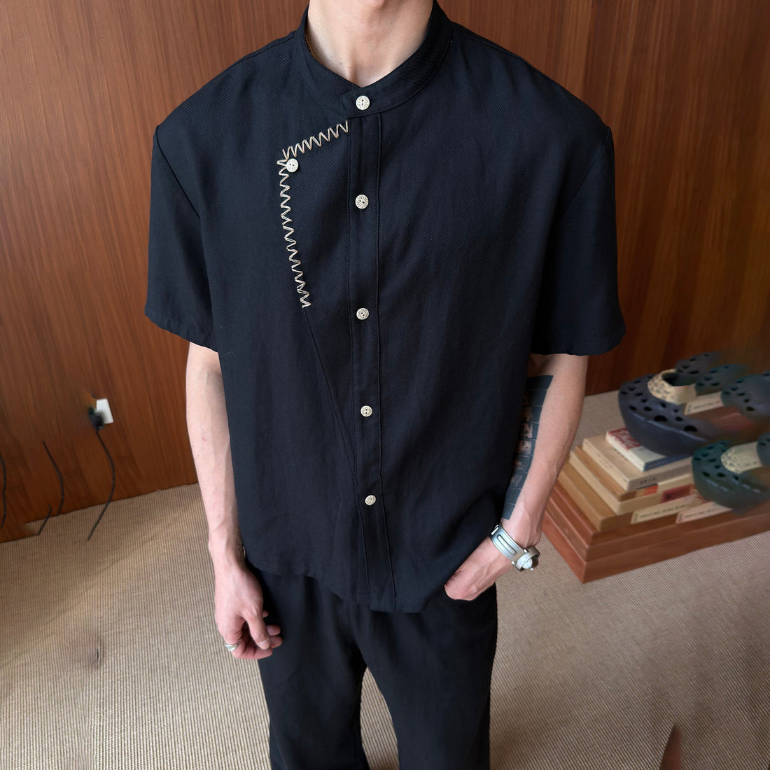 KREATE Stitched Faux-Placket Short Sleeve Shirt-Shirt-S-Black-Free Shipping Leatheretro
