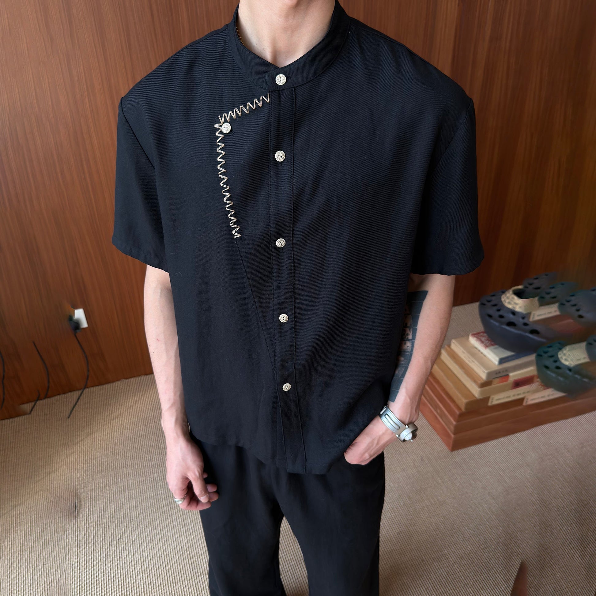 KREATE Stitched Faux-Placket Short Sleeve Shirt-Shirt-S-Black-Free Shipping Leatheretro