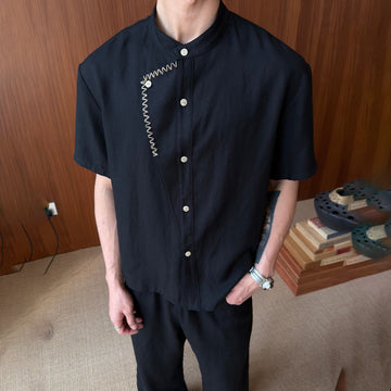 KREATE Stitched Faux-Placket Short Sleeve Shirt-Shirt-S-Black-Free Shipping Leatheretro