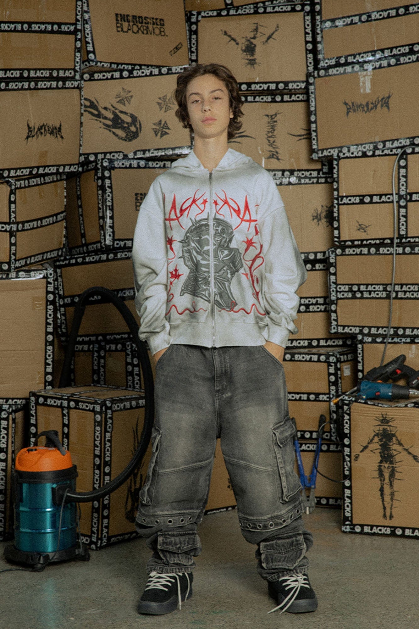 BLACK8MOB Washed Multi-Pocket Grommet Stacked Cargo Jeans-Jeans-XS-Free Shipping Leatheretro