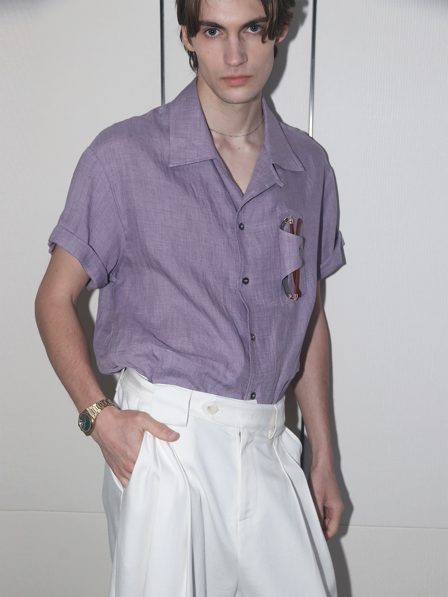 ASSEEN Linen Glasses Pocket Half Shirt-Half shirt-S-Free Shipping Leatheretro