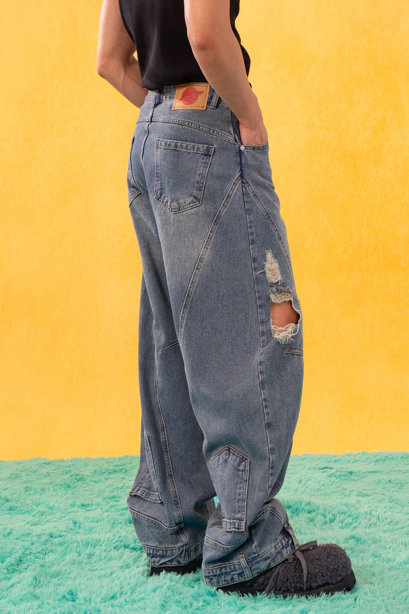 CLP Inverted-Waist Hem Paneled Distressed Jeans-Jeans-M-Free Shipping Leatheretro