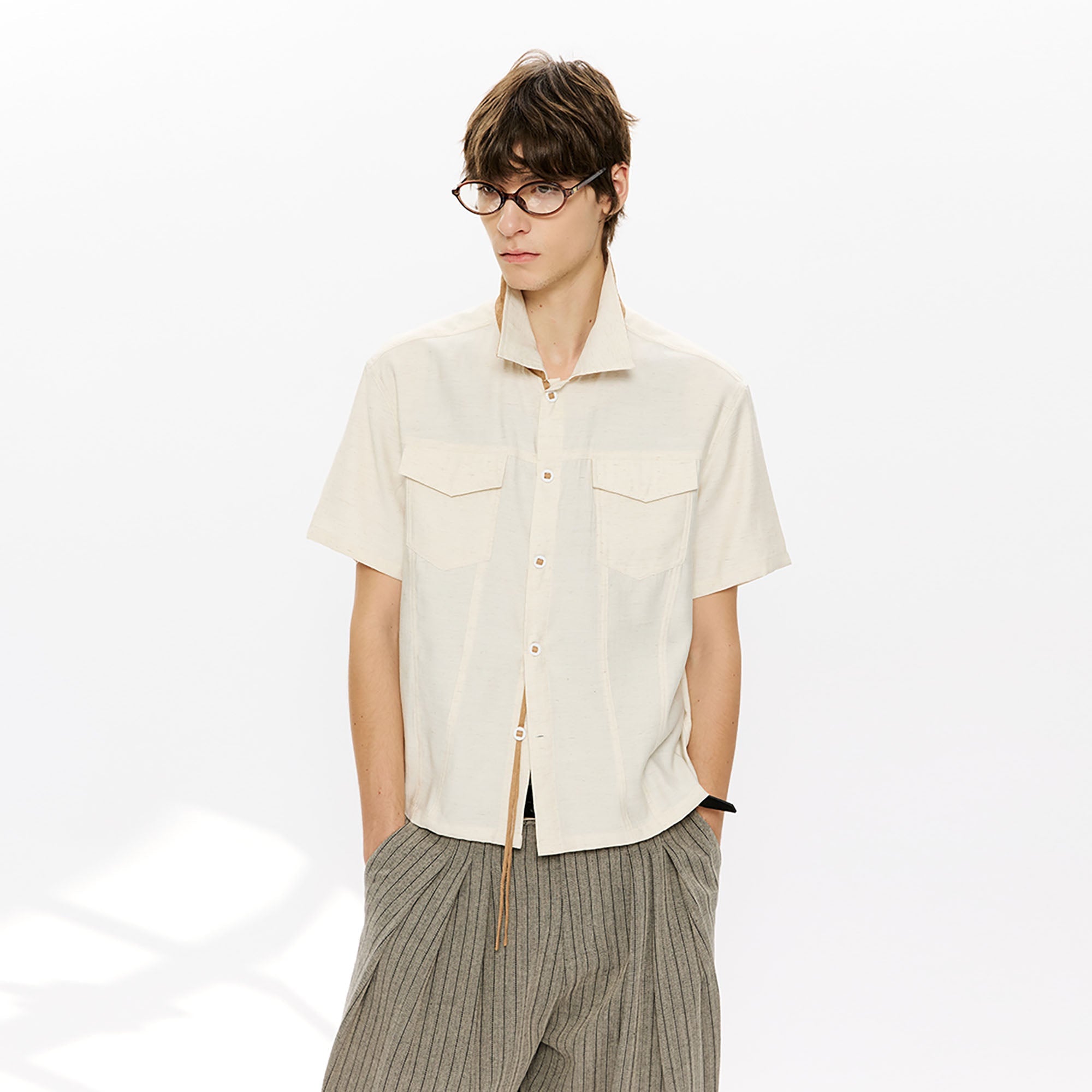 KREATE Contrast Collar Linen Half Shirt-Half shirt-S-Beige-Free Shipping Leatheretro