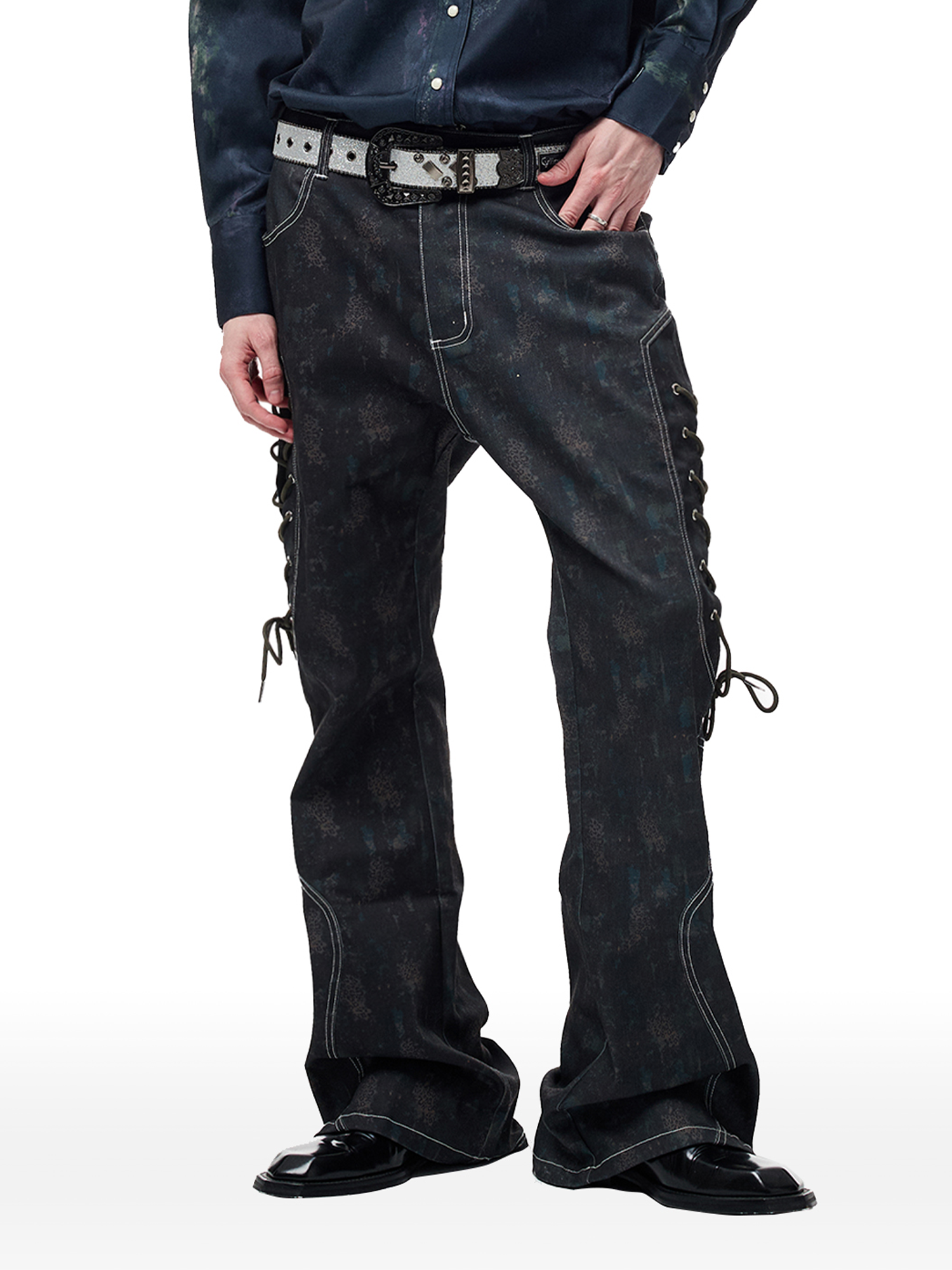 CYCYCY Wasteland Leopard Drawcord Flared Jeans-Jeans-XXS / 27"-Free Shipping Leatheretro
