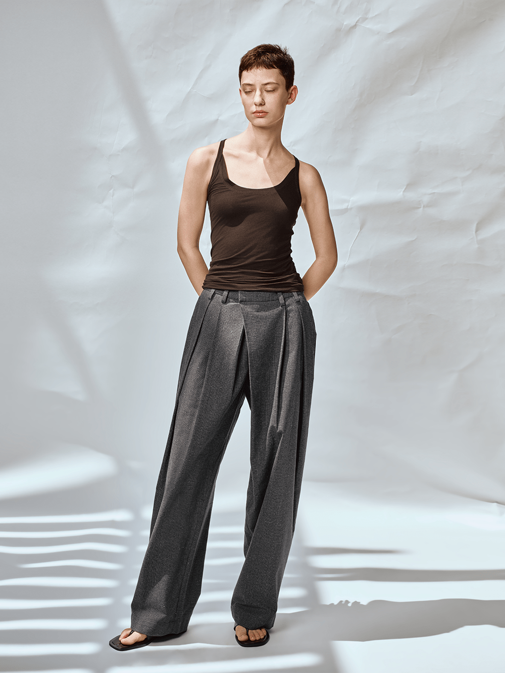 OPICLOTH Asymmetric Pleated Linen-Blend Micro Check Pants-Pants-XS-Free Shipping Leatheretro