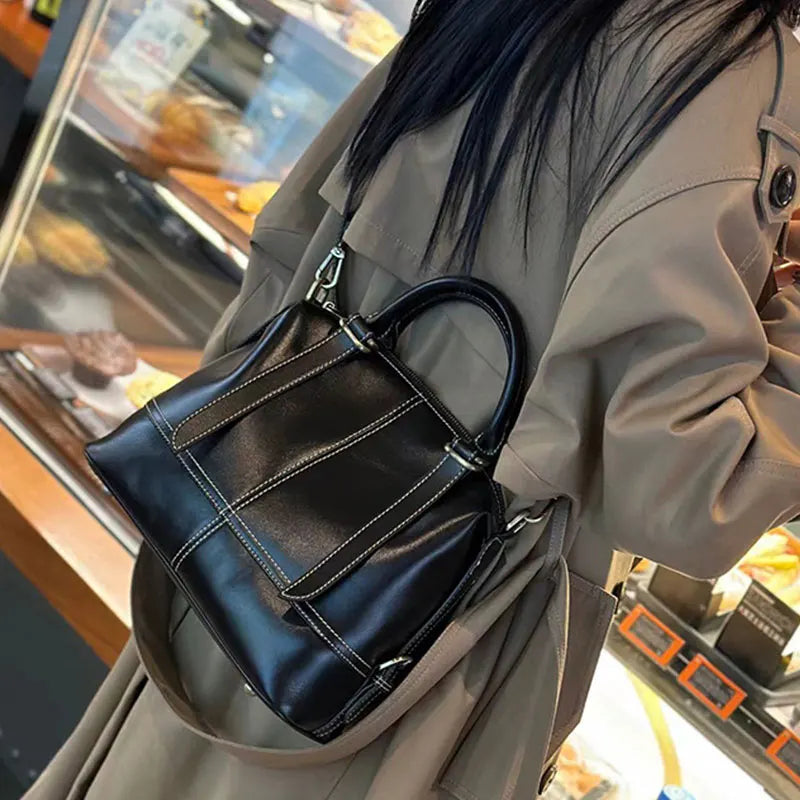 Vintage Genuine Cow Leather Women's Bag - Luxury Design Woman Handbag-Black-Free Shipping Leatheretro
