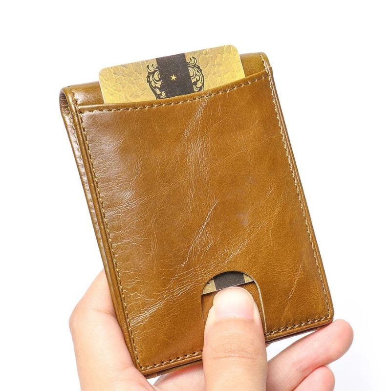 Men’s Slim Leather Card Holder Wallet – Genuine Cowhide with Dollar Clip-Wallets & Money Clips-Olive Green-Free Shipping Leatheretro