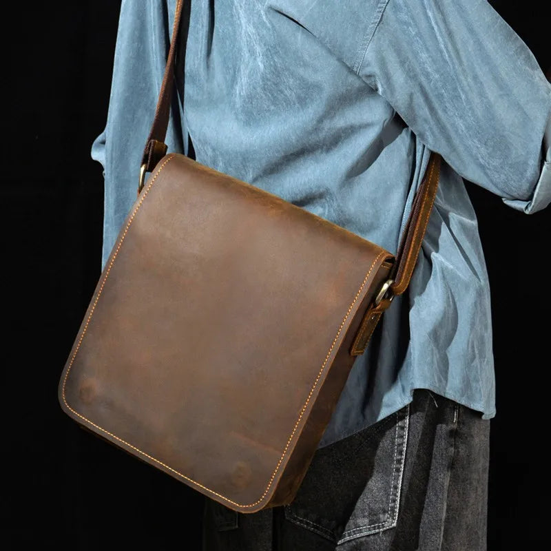 Handmade Crazy Horse Leather Messenger Bag - Retro Men Leather Bags-Messenger Bag-Dark Grey-Free Shipping Leatheretro