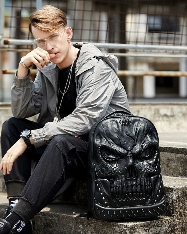 Steampunk 3D Skull Backpack | Punk Rivet PU Leather Laptop Bag-Backpacks-Black-Free Shipping Leatheretro