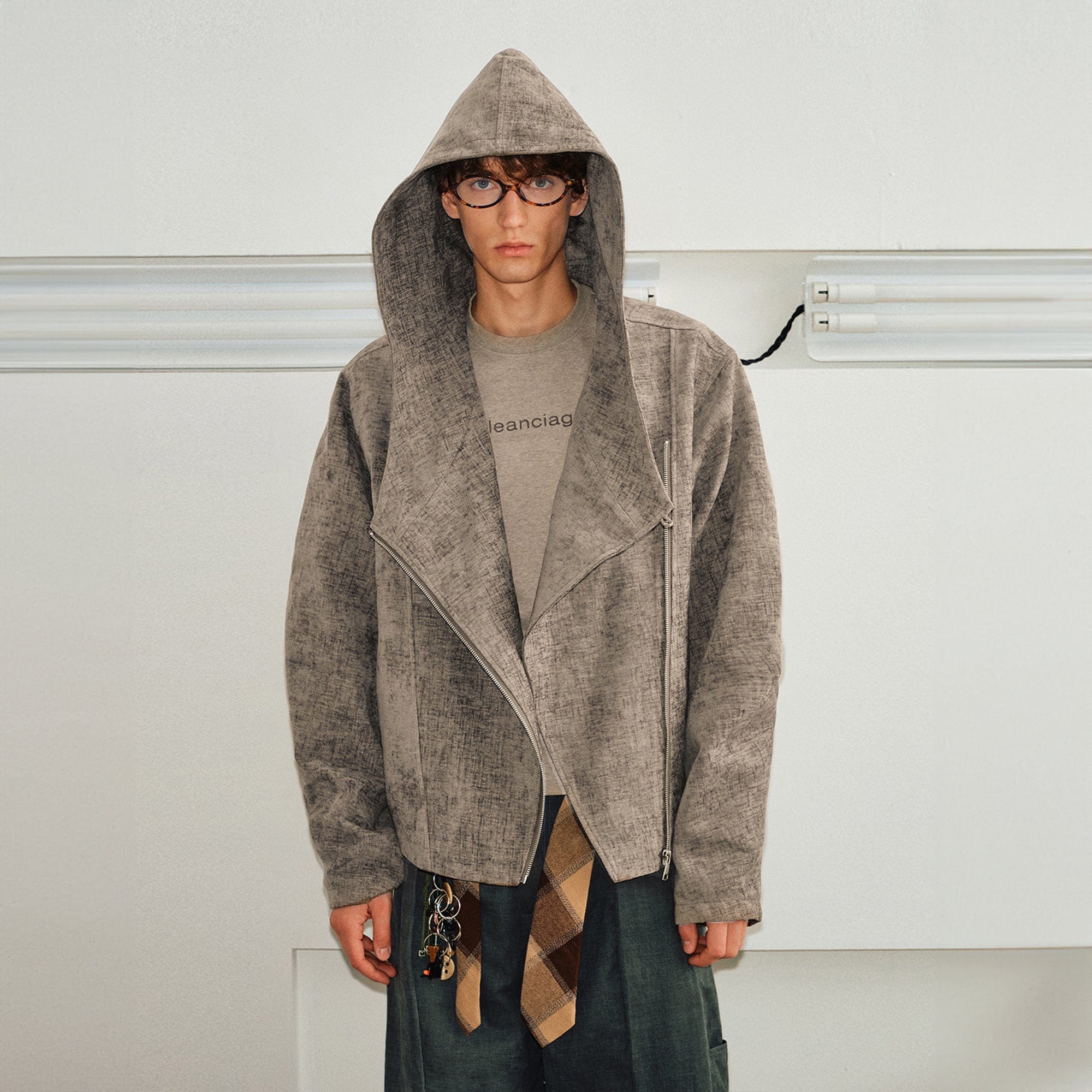 KREATE Asymmetrical Zipper Hooded Jacket-Jacket-S-Grey-Free Shipping Leatheretro