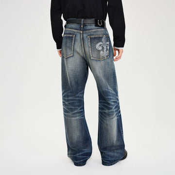 CATSSTAC Floral Embroidered Washed Straight-Leg Jeans-Jeans-M-Free Shipping Leatheretro