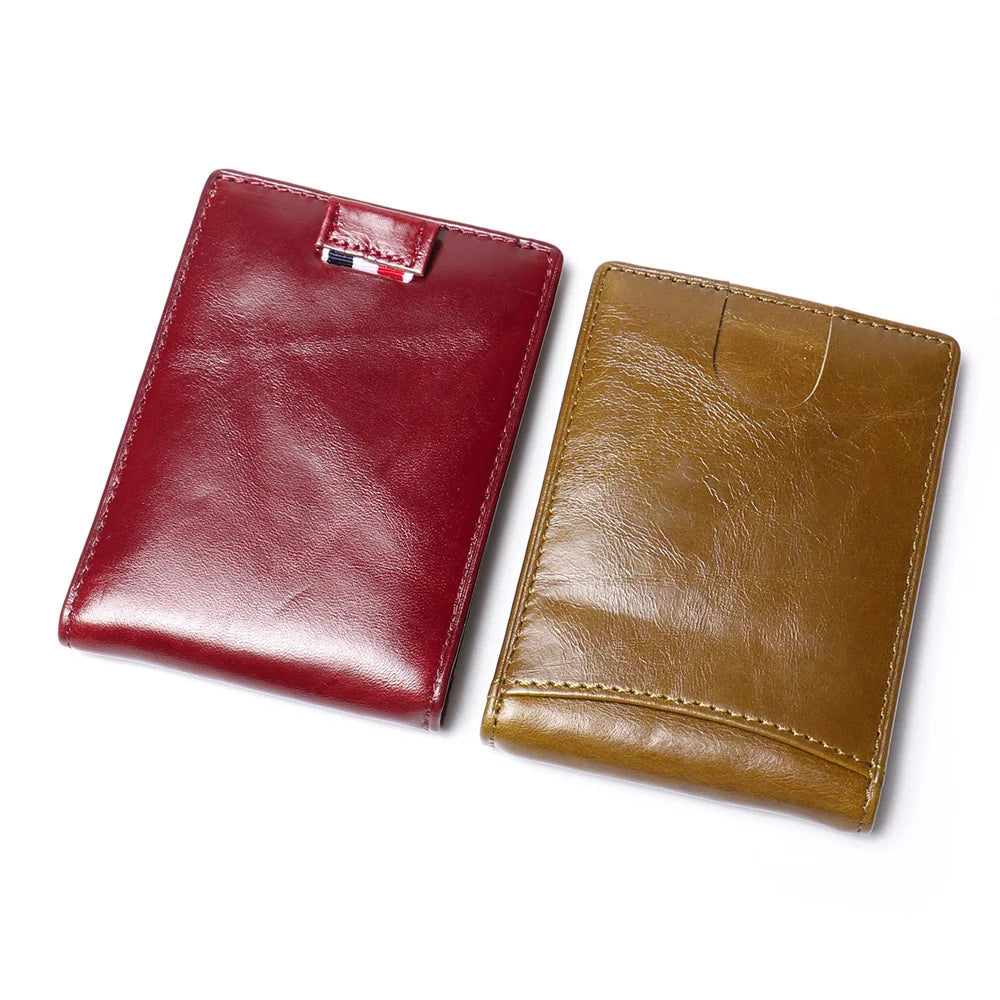 Men’s Slim Leather Card Holder Wallet – Genuine Cowhide with Dollar Clip-Wallets & Money Clips-Olive Green-Free Shipping Leatheretro