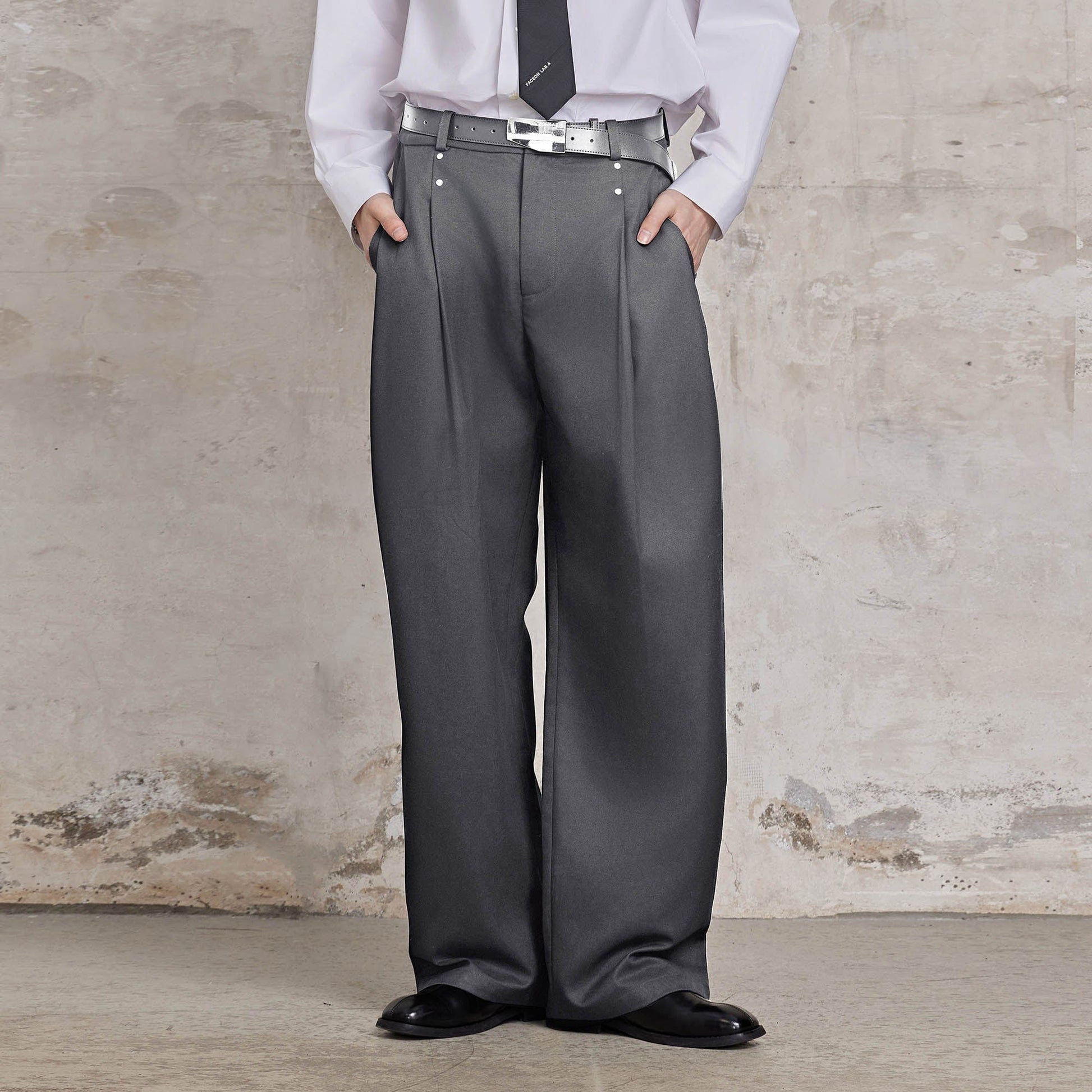 FACEONLAB Essential Wool-Blended Pleated Trousers-Pants-M-Free Shipping Leatheretro