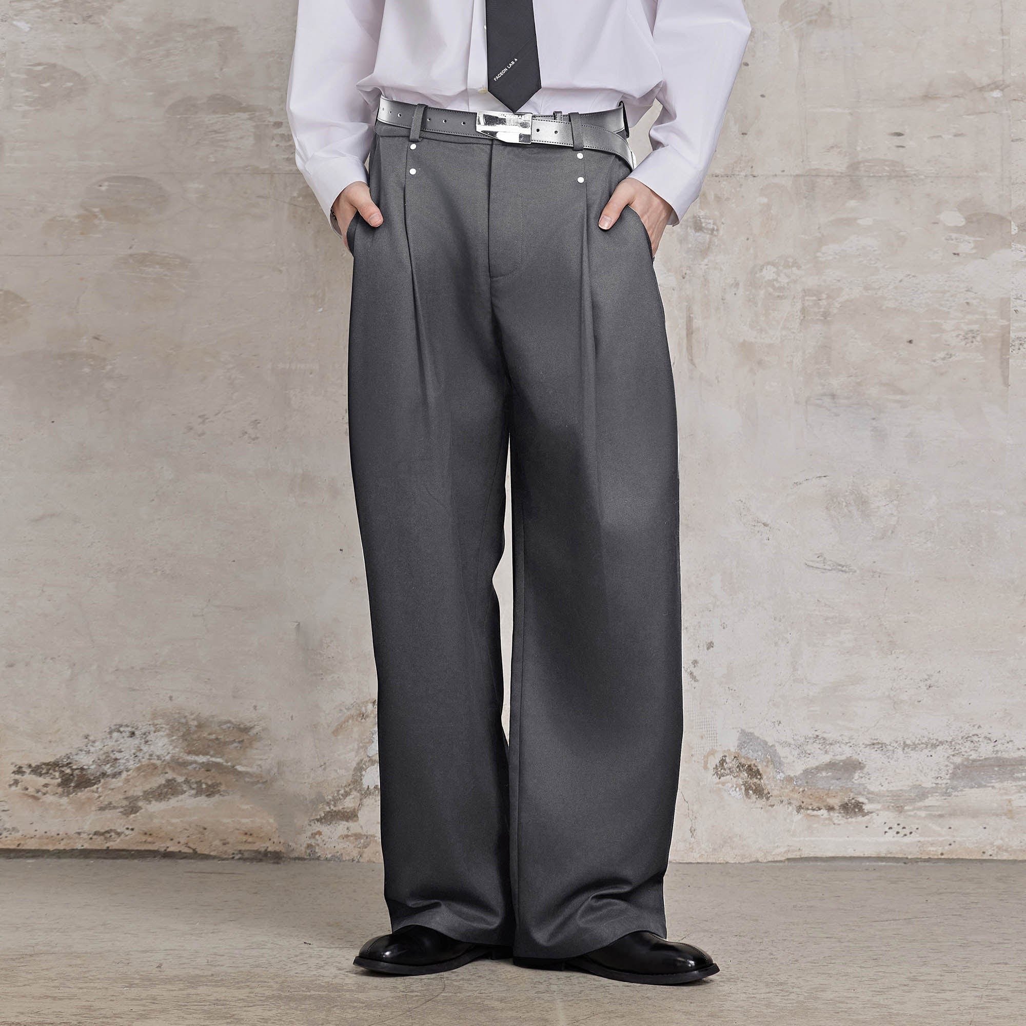 FACEONLAB Essential Wool-Blended Pleated Trousers-Pants-M-Free Shipping Leatheretro