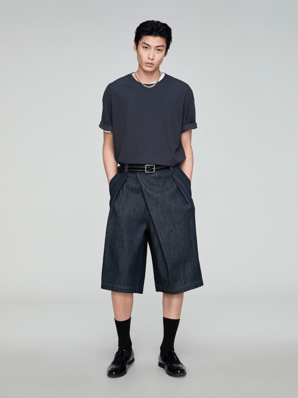 OPICLOTH Washed Asymmetric Fly Pleated Denim Shorts-Shorts-XS-Free Shipping Leatheretro