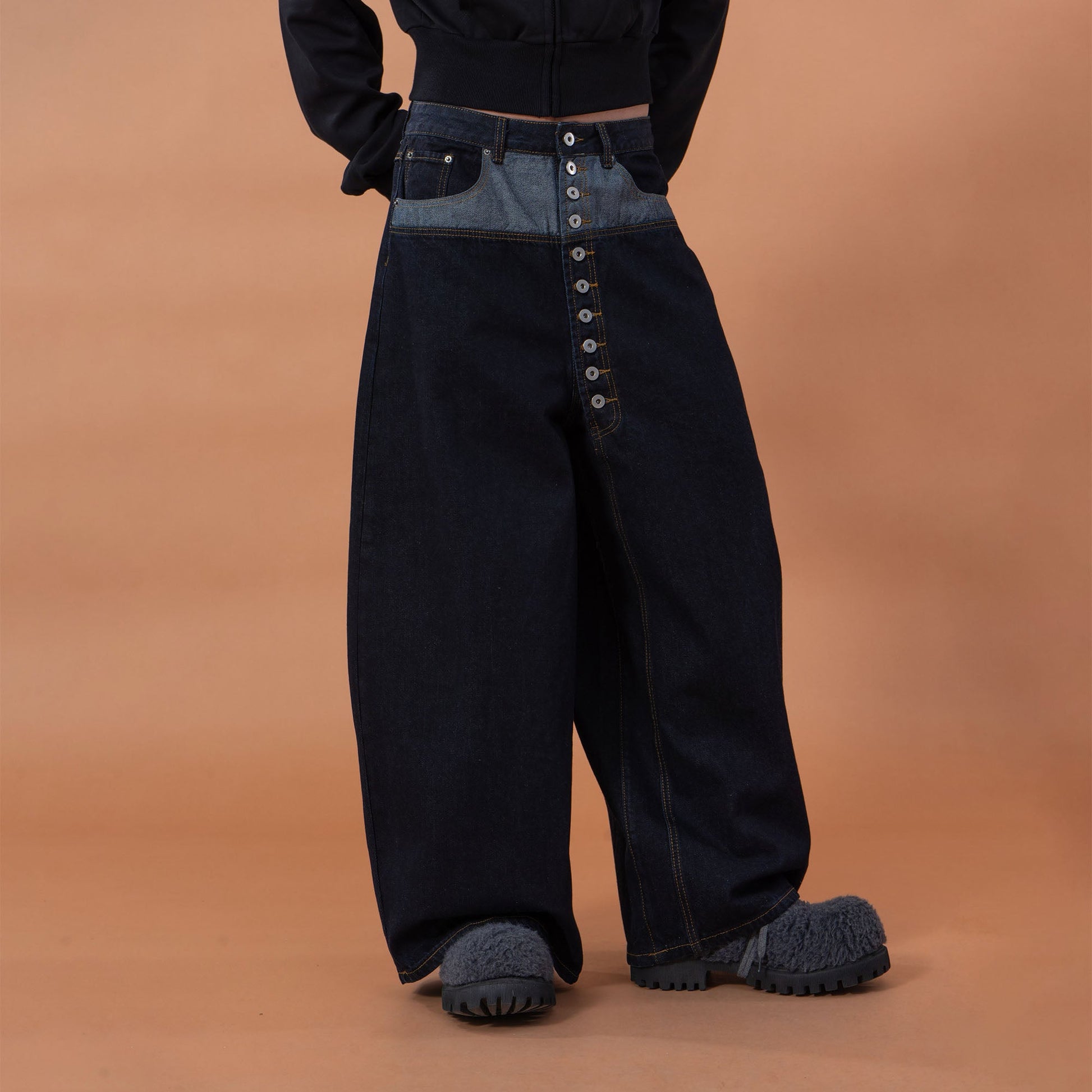 CLP Contrast-Waist Botton-Fly Oversized Raw Jeans-Jeans-M (Preorder)-Free Shipping Leatheretro