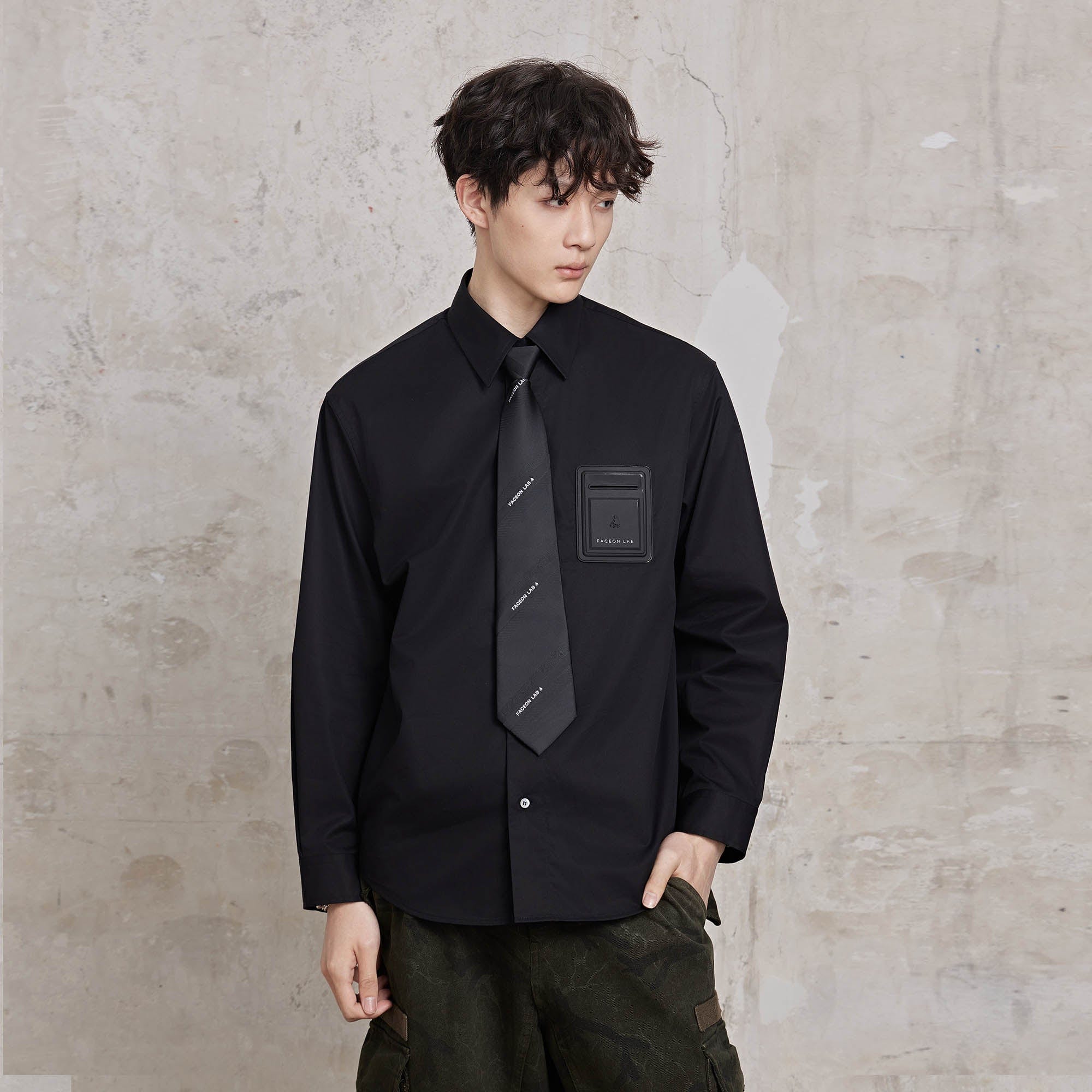 FACEONLAB Modern Patch-Pocket Poplin Shirt-Shirt-M-Black-Free Shipping Leatheretro
