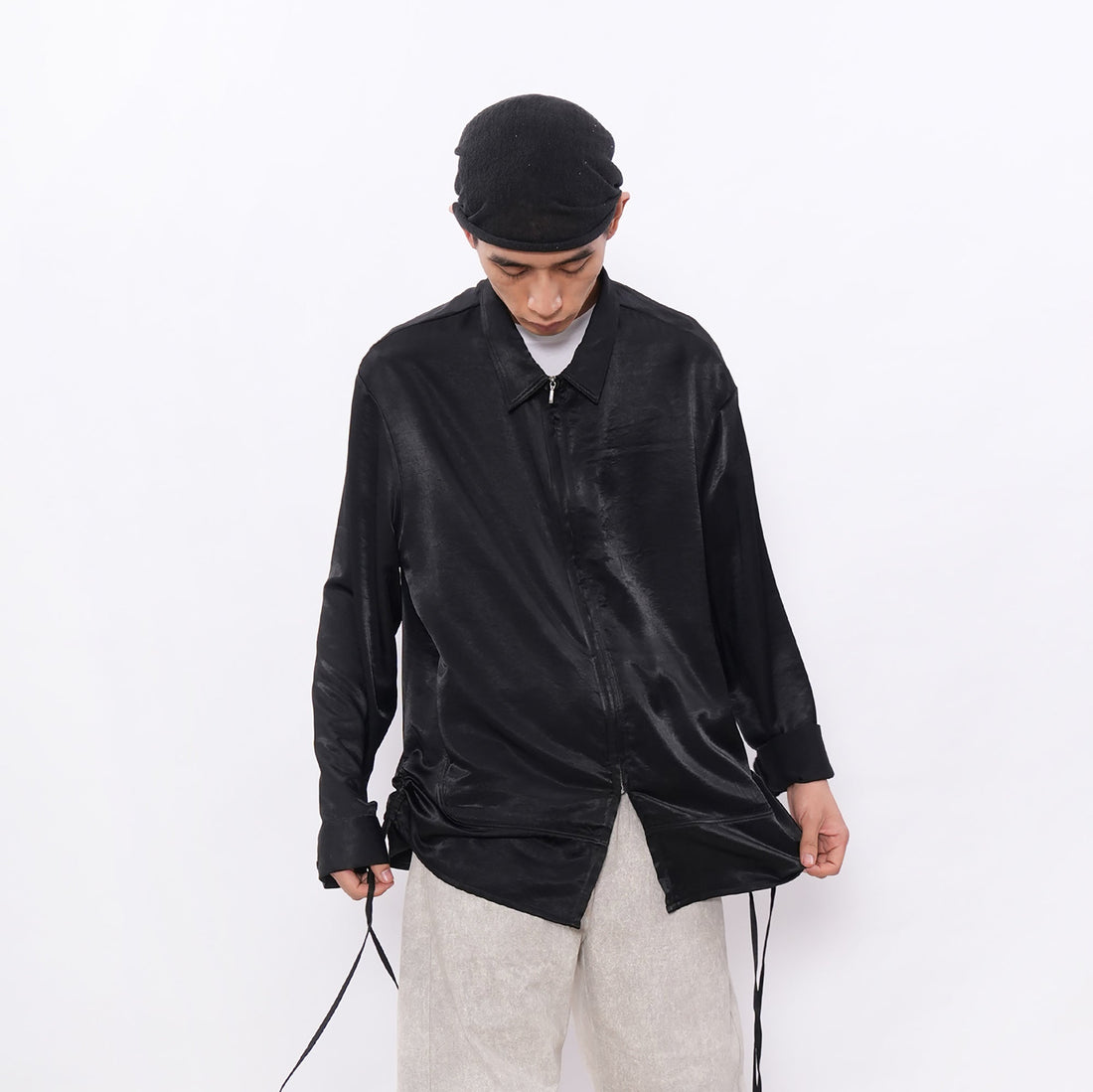 7440 37 1 Satin-Sheen Side-Drawstring Zip Shirt-Shirt-S (Preorder)-Free Shipping Leatheretro