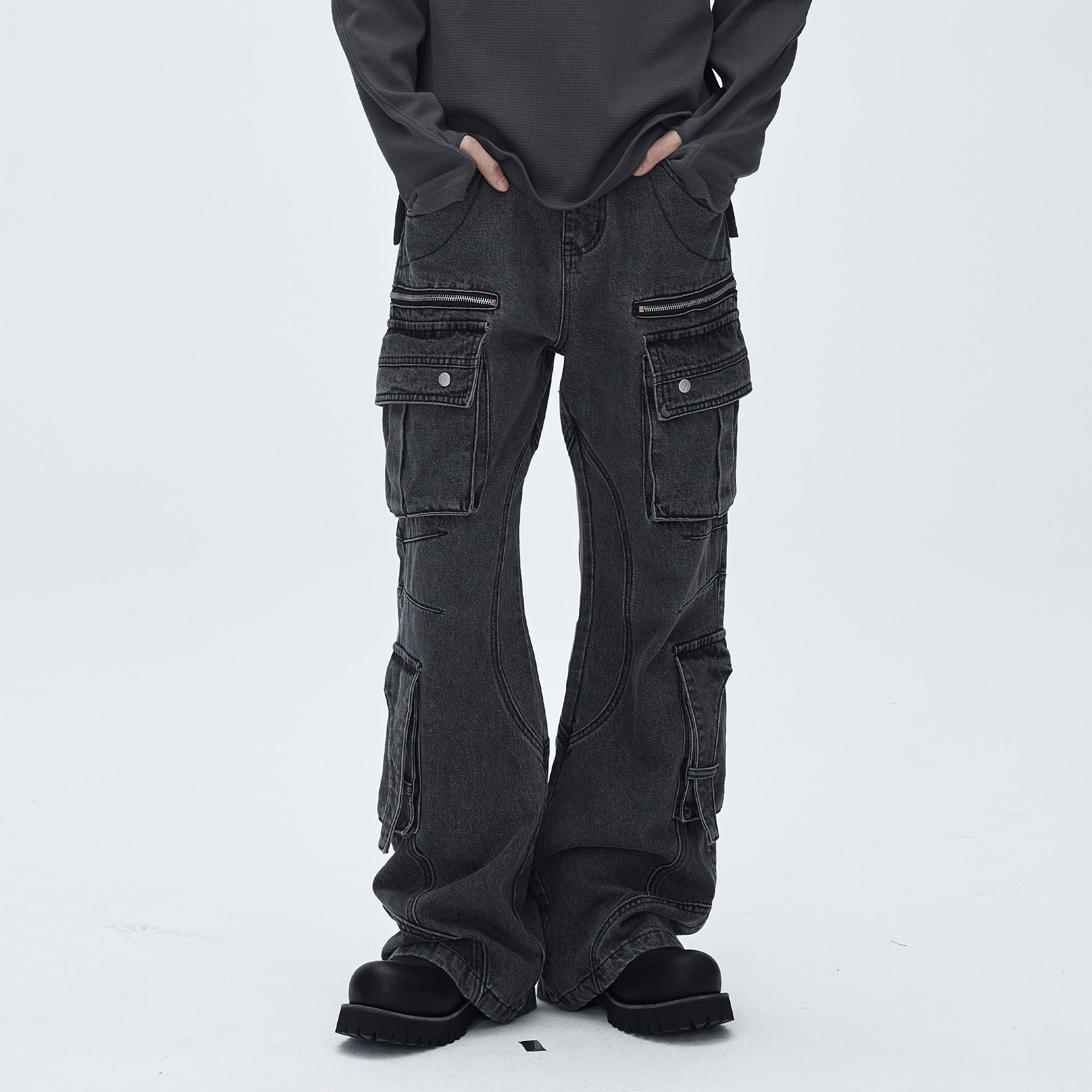 CATSSTAC Washed Multi-Pocket Utility Straight-Leg Jeans-Jeans-Black-M-Free Shipping Leatheretro