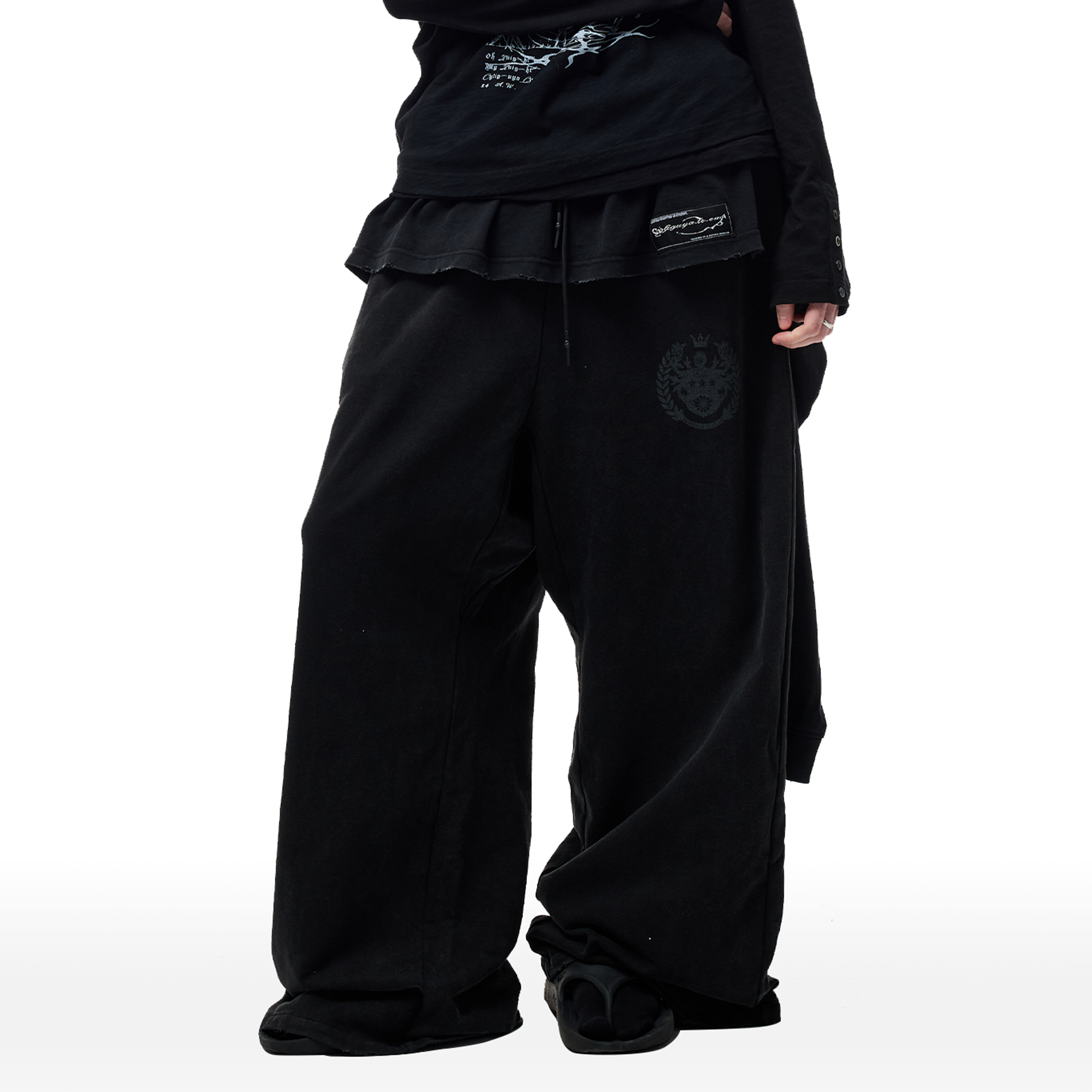 CYCYCY Layered Raw Edge Wide-Leg Sweatpants Black-Pants-S /23"-Free Shipping Leatheretro