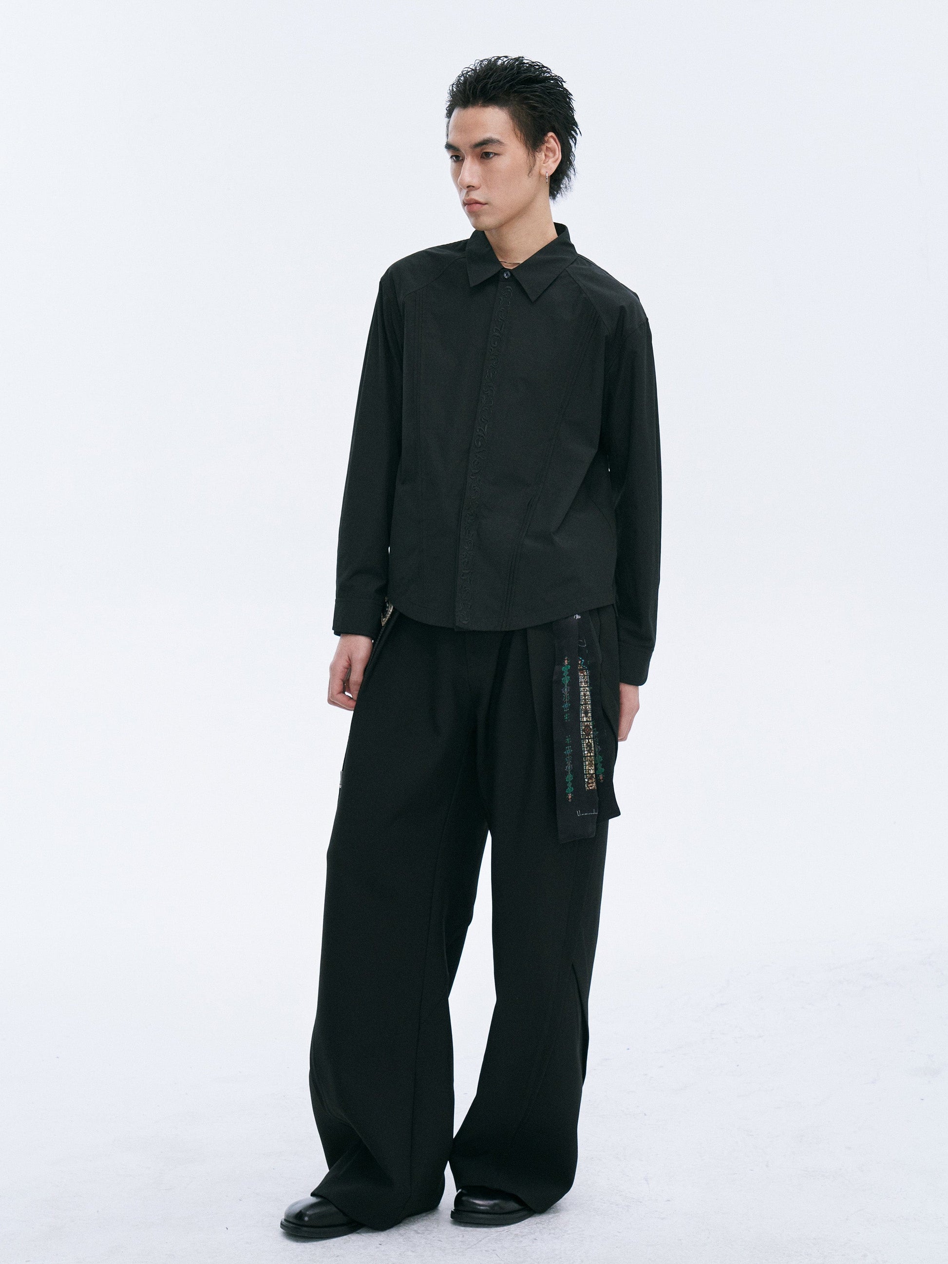 CATSSTAC Layered Seamline Floral Embroidered Shirt-Shirt-Black-M-Free Shipping Leatheretro