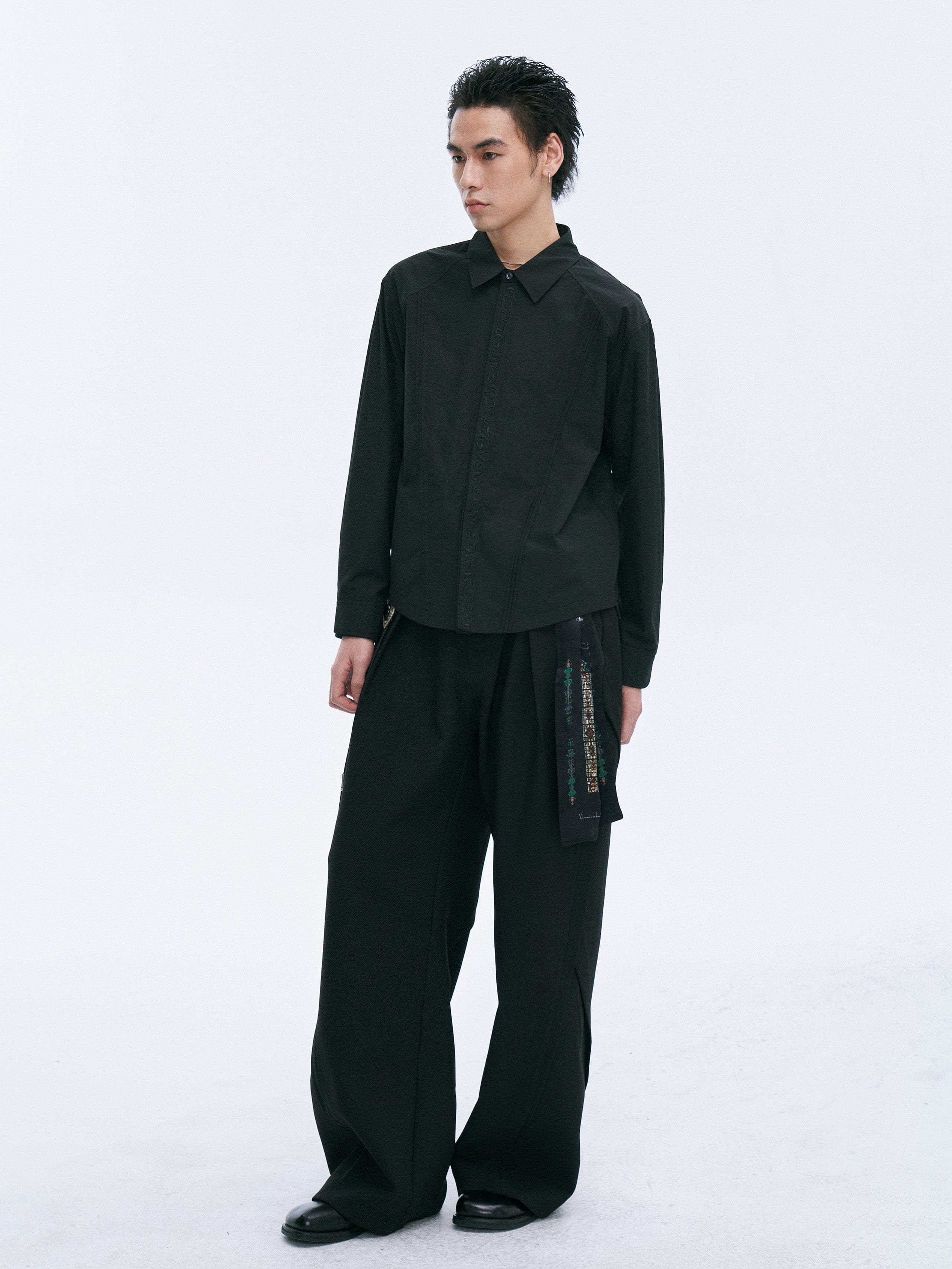 CATSSTAC Layered Seamline Floral Embroidered Shirt-Shirt-Black-M-Free Shipping Leatheretro