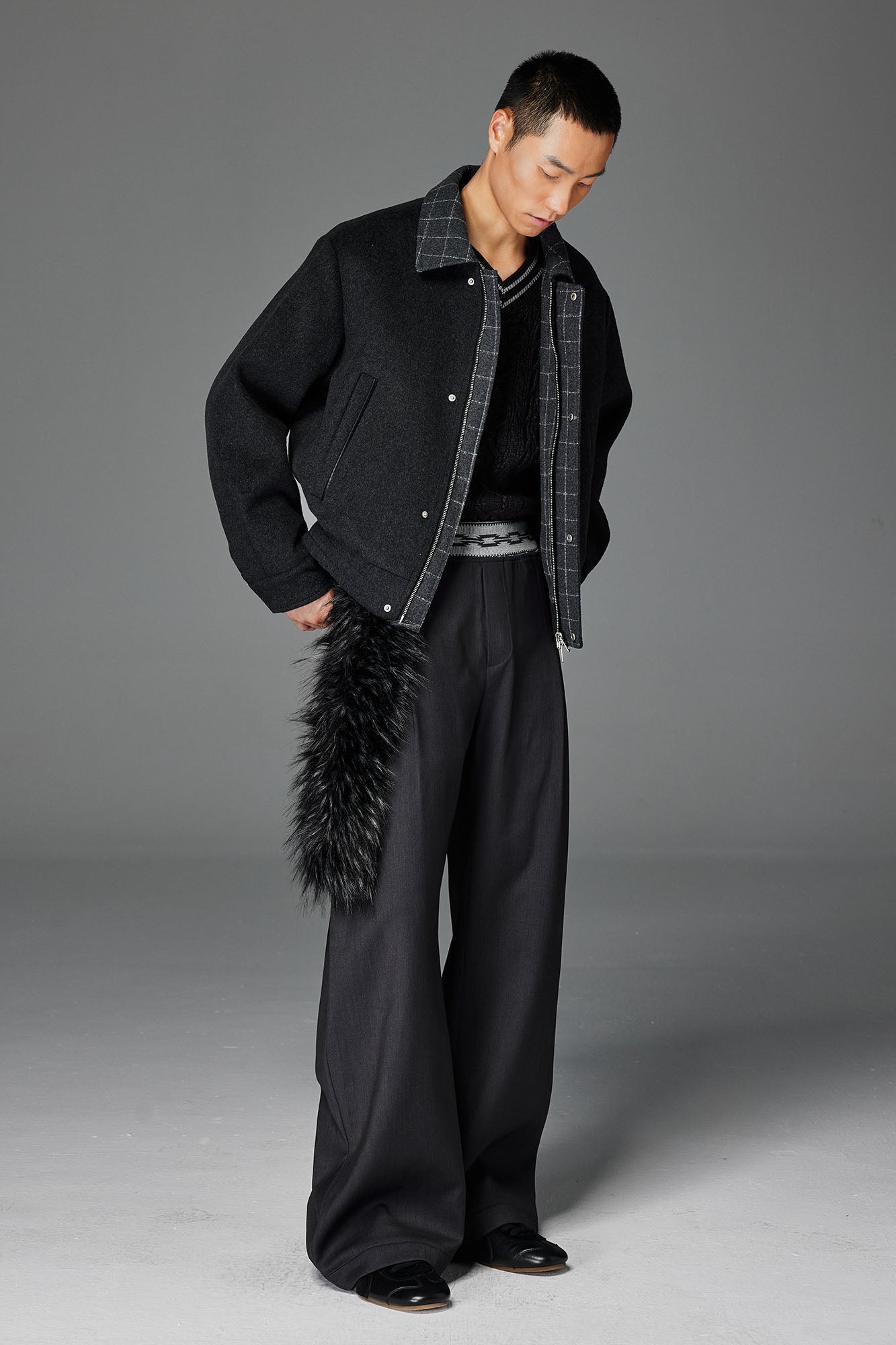 CATSSTAC Wool-Blend Plaid-Collar Bomber Jacket-Jacket-M-Gray-Free Shipping Leatheretro