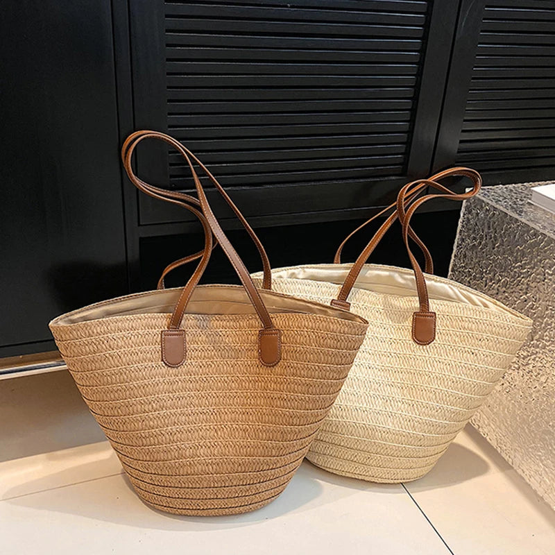 Luxury Designer Straw Tote Bag for Women-Tote Bag-Beige-Free Shipping Leatheretro