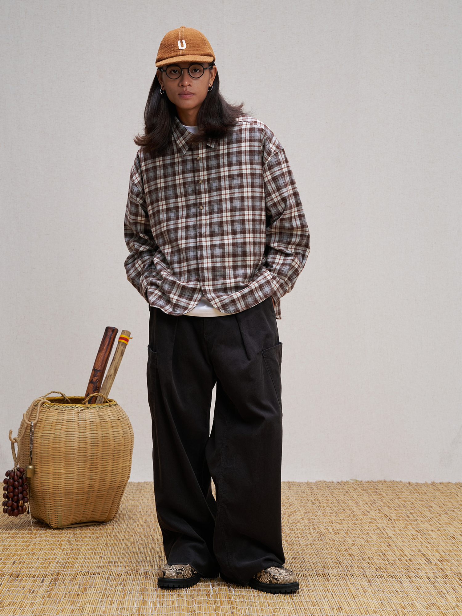 UNLIMITED MOTE Plaid Oversized Half-Open Collar Shirt Brown-Shirt-XS-Free Shipping Leatheretro