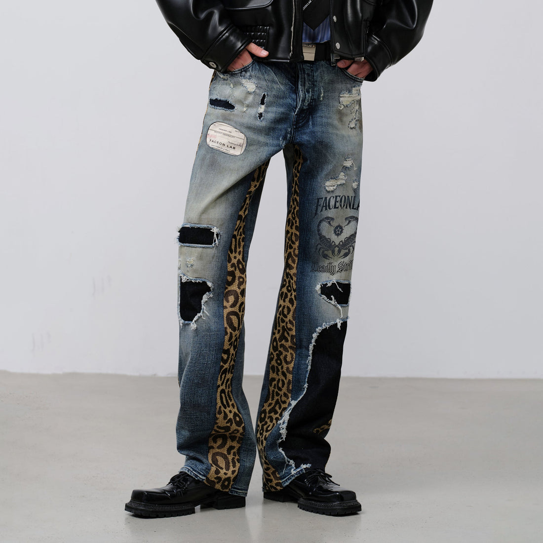 FACEONLAB Leopard Panel Distressed Straight-Leg Jeans-Jeans-M (preorder)-Free Shipping Leatheretro