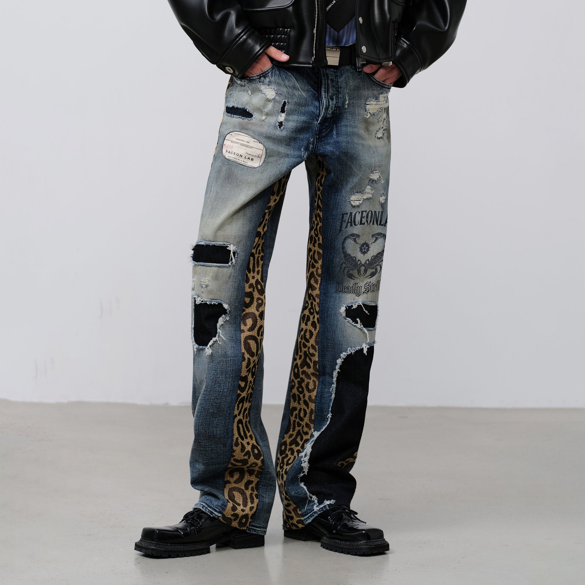 FACEONLAB Leopard Panel Distressed Straight-Leg Jeans-Jeans-M (preorder)-Free Shipping Leatheretro