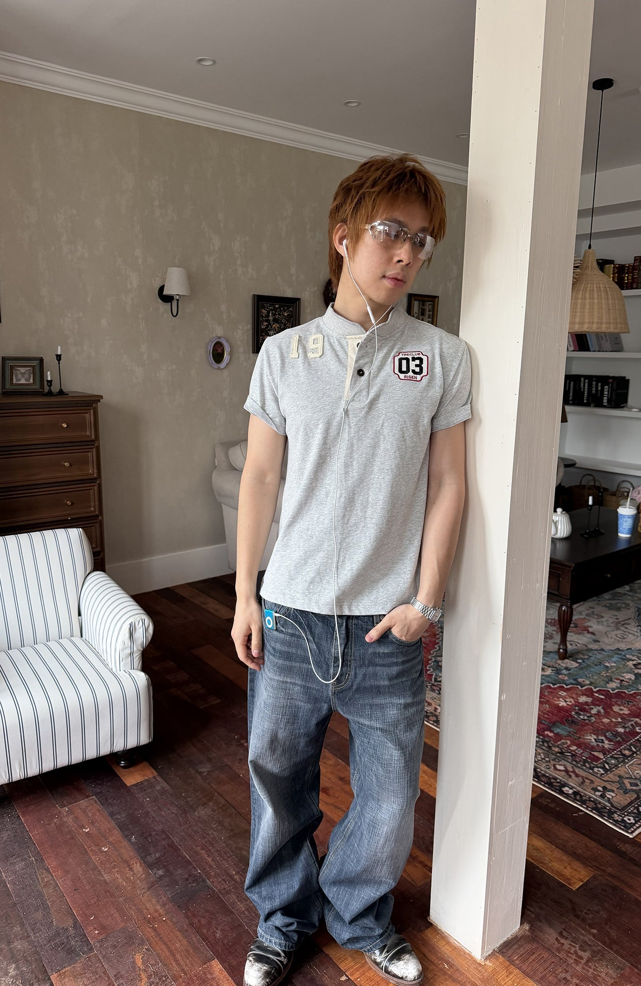 TRECLUB Retro Star Stripe Stand-Collar Polo T-Shirt-T Shirt-S (preorder)-Free Shipping Leatheretro