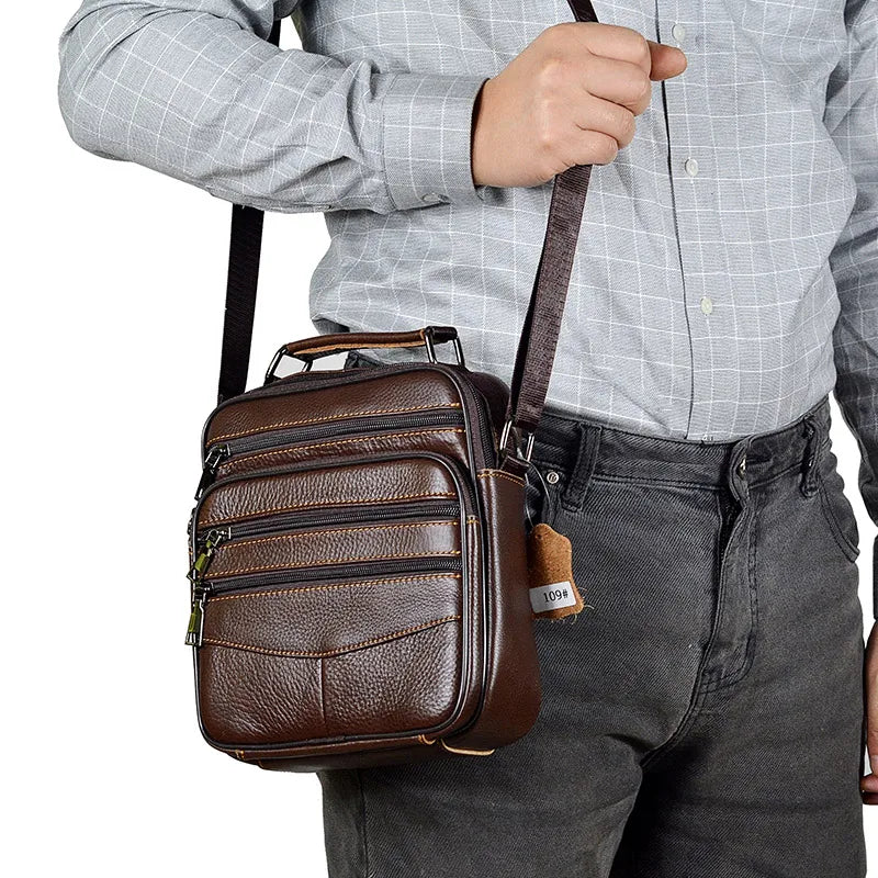Retro Soft Cowhide Leather Crossbody - Mini Pad Boy Shoulder Bag-Crossbody Bag-Brown Zipper 47-Free Shipping Leatheretro